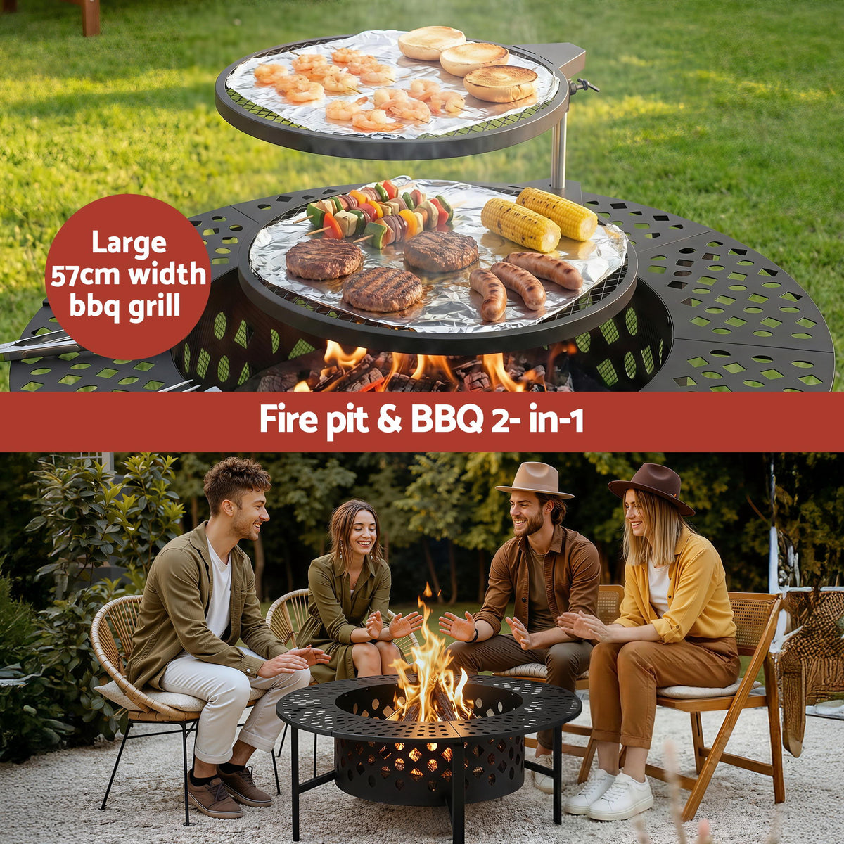 Grillz Fire Pit BBQ Charcoal Smoker Portable Mesh Pits Outdoor Camping Fireplace FPIT-YH-BBQ-3IN1-DESK
