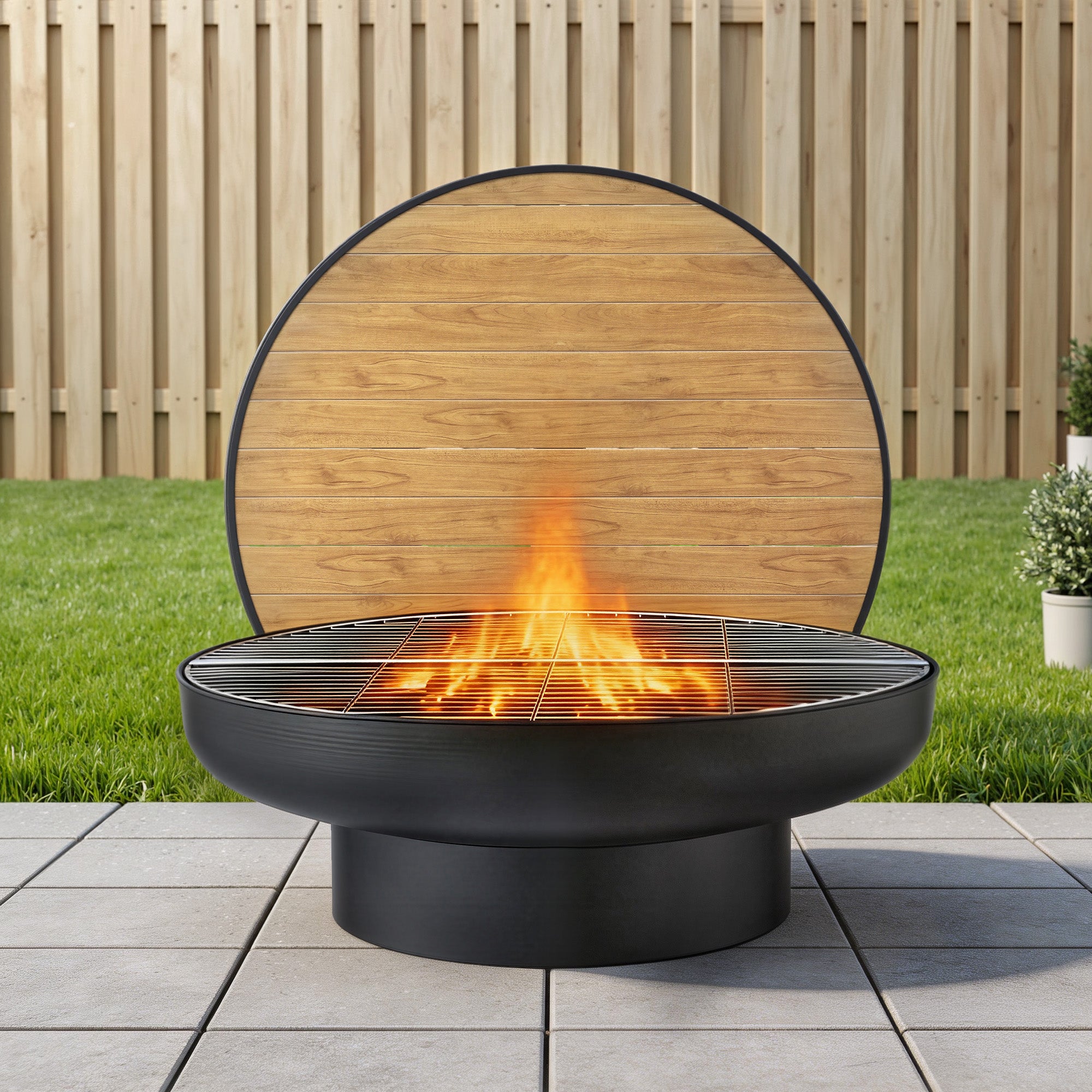 Grillz Fire Pit Table with Lid Deep Fire Bowl Wood Burning BBQ Grill for Backyard Camping Patio Picnic FPIT-YH-BBQ-WD
