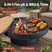 Grillz Fire Pit Table with Lid Deep Fire Bowl Wood Burning BBQ Grill for Backyard Camping Patio Picnic FPIT-YH-BBQ-WD