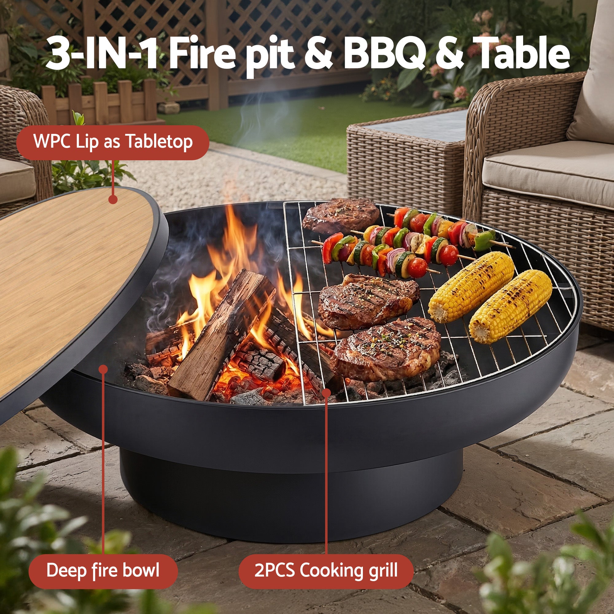 Grillz Fire Pit Table with Lid Deep Fire Bowl Wood Burning BBQ Grill for Backyard Camping Patio Picnic FPIT-YH-BBQ-WD