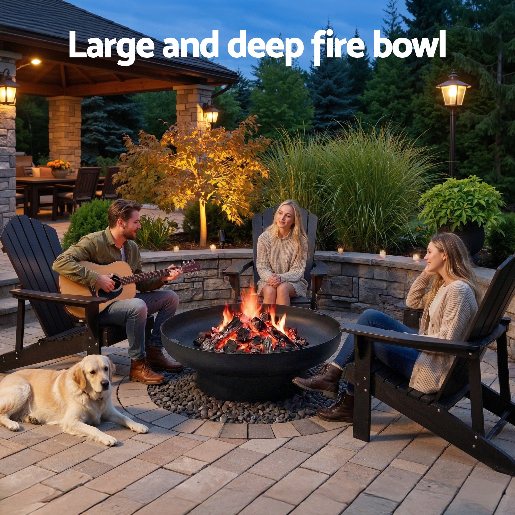 Grillz Fire Pit Table with Lid Deep Fire Bowl Wood Burning BBQ Grill for Backyard Camping Patio Picnic FPIT-YH-BBQ-WD