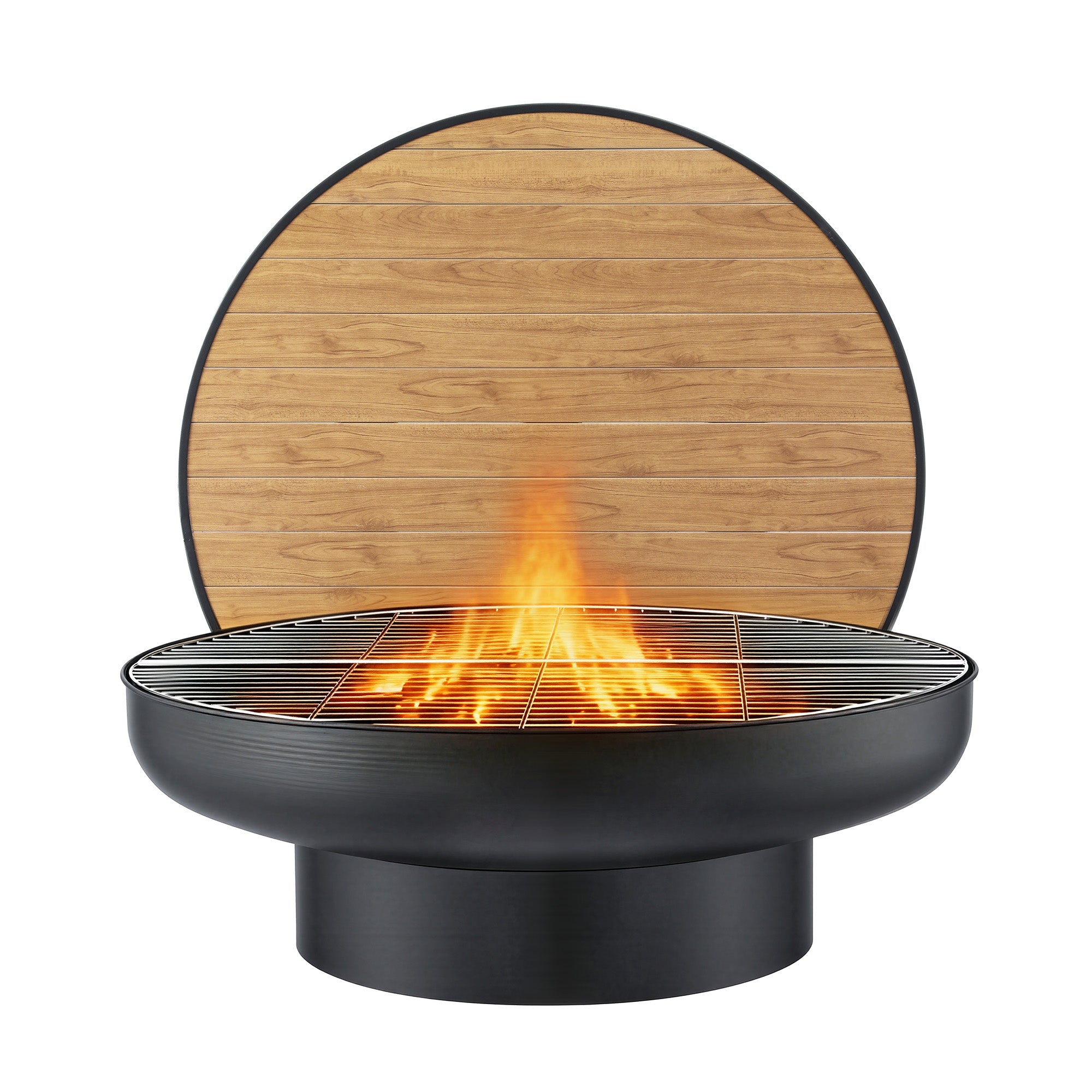 Grillz Fire Pit Table with Lid Deep Fire Bowl Wood Burning BBQ Grill for Backyard Camping Patio Picnic FPIT-YH-BBQ-WD