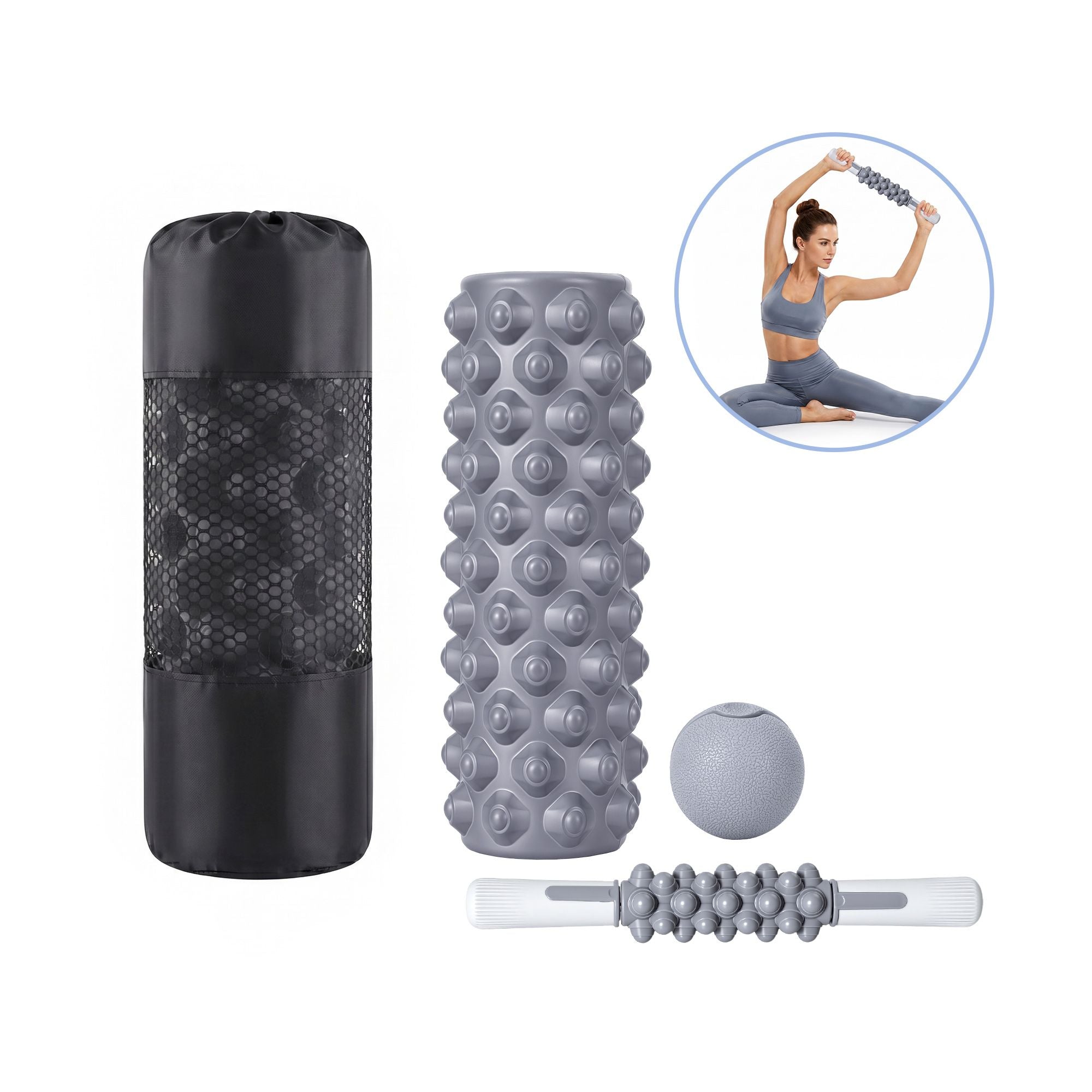 Everfit Foam Roller Set 3-in-1 with Targeted Recovery Muscle Roller Stick & Deep Tissue Massage Ball, Heavy FR-3IN1-GY
