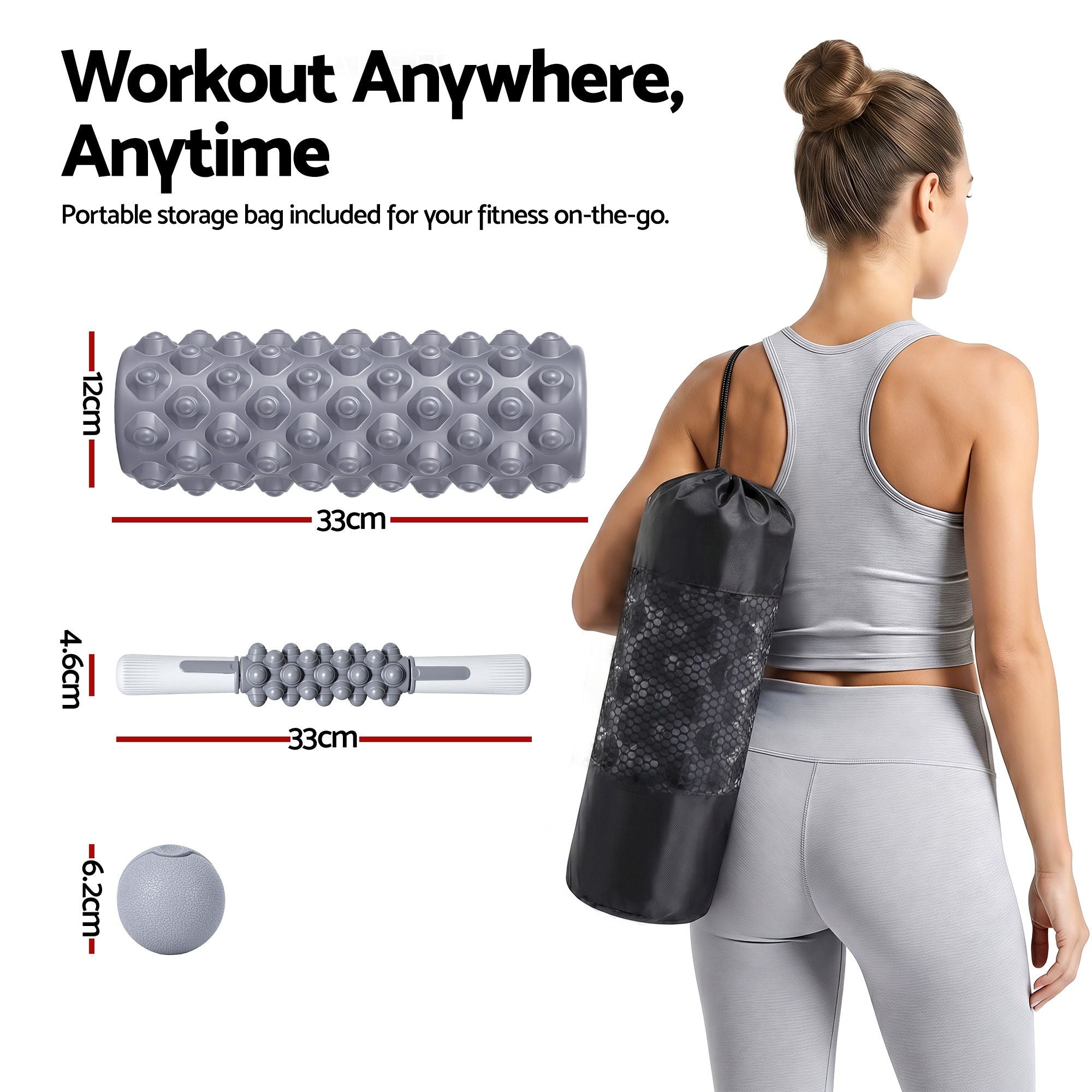 Everfit Foam Roller Set 3-in-1 with Targeted Recovery Muscle Roller Stick & Deep Tissue Massage Ball, Heavy FR-3IN1-GY