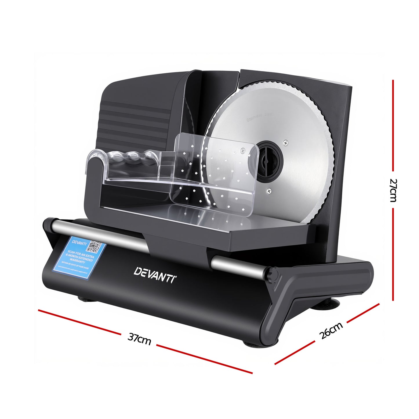 Devanti Meat Slicer Bread Vegetable, 200W Power 0-15mm Adjustable Easy Clean Stable Stainless Steel Blade FS-190-20A-BK