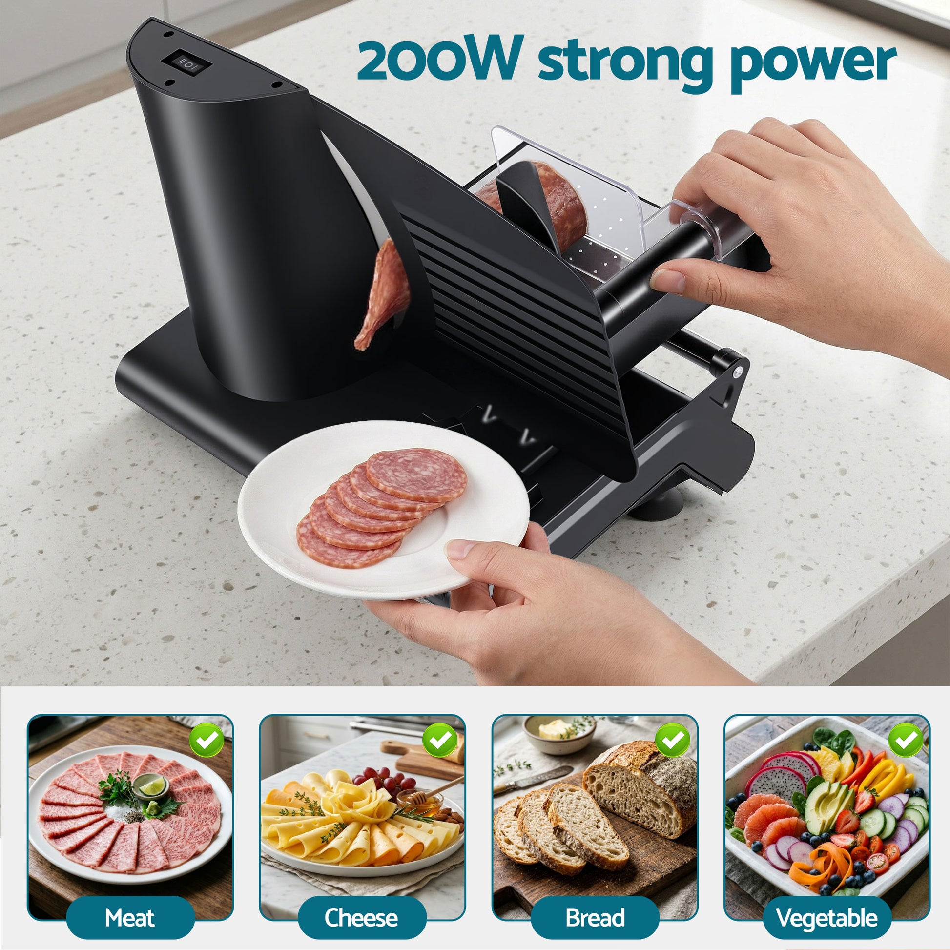 Devanti Meat Slicer Bread Vegetable, 200W Power 0-15mm Adjustable Easy Clean Stable Stainless Steel Blade FS-190-20A-BK