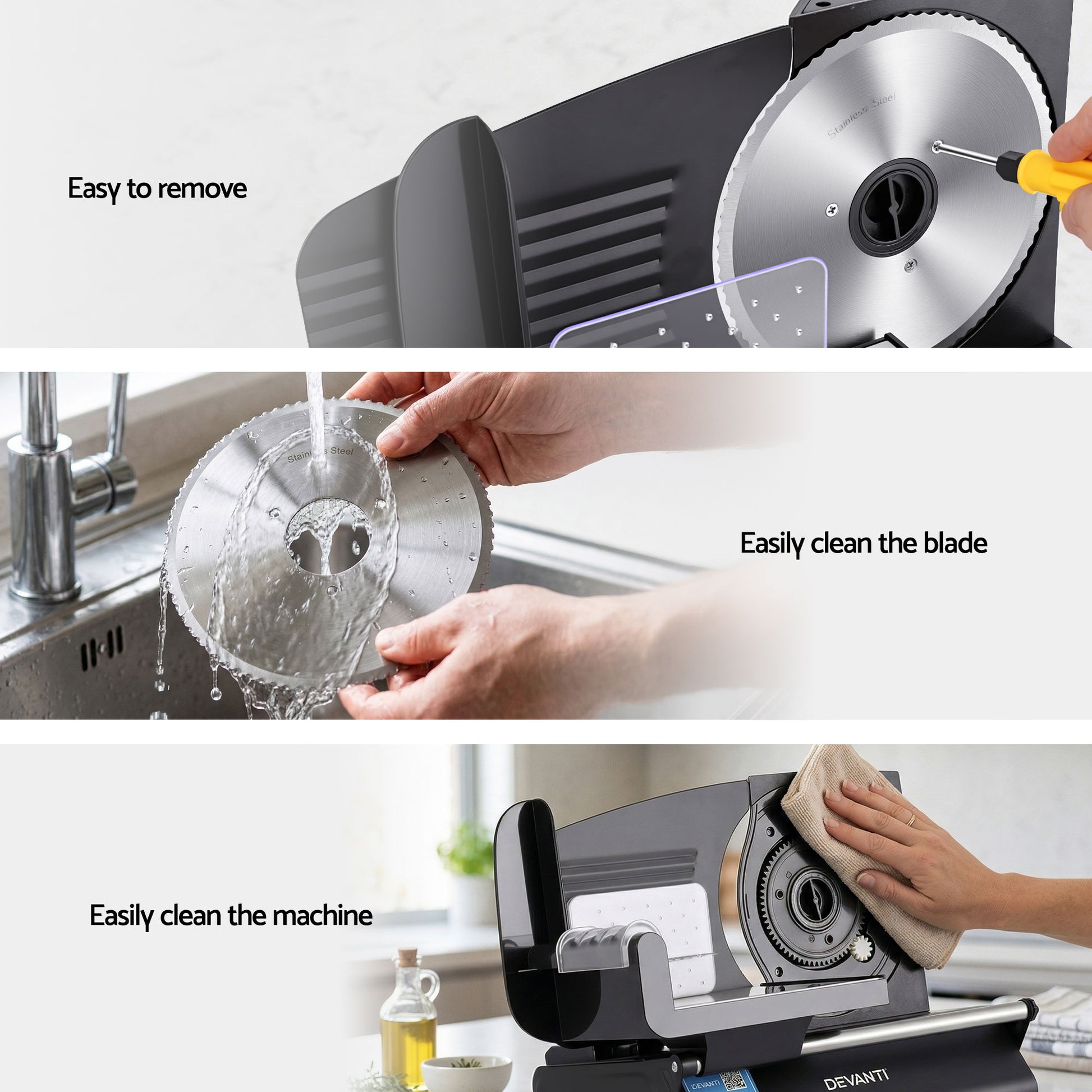 Devanti Meat Slicer Bread Vegetable, 200W Power 0-15mm Adjustable Easy Clean Stable Stainless Steel Blade FS-190-20A-BK