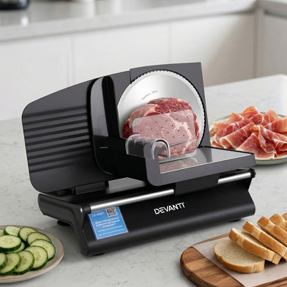 Devanti Meat Slicer Bread Vegetable, 200W Power 0-15mm Adjustable Easy Clean Stable Stainless Steel Blade FS-190-20A-BK
