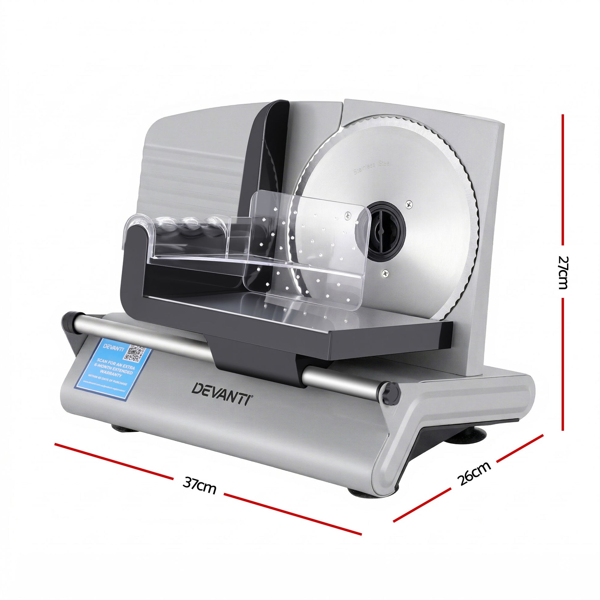 Devanti Meat Slicer Bread Vegetable, 200W Power 0-15mm Adjustable Easy Clean Stable Stainless Steel Blade FS-190-20A-SS