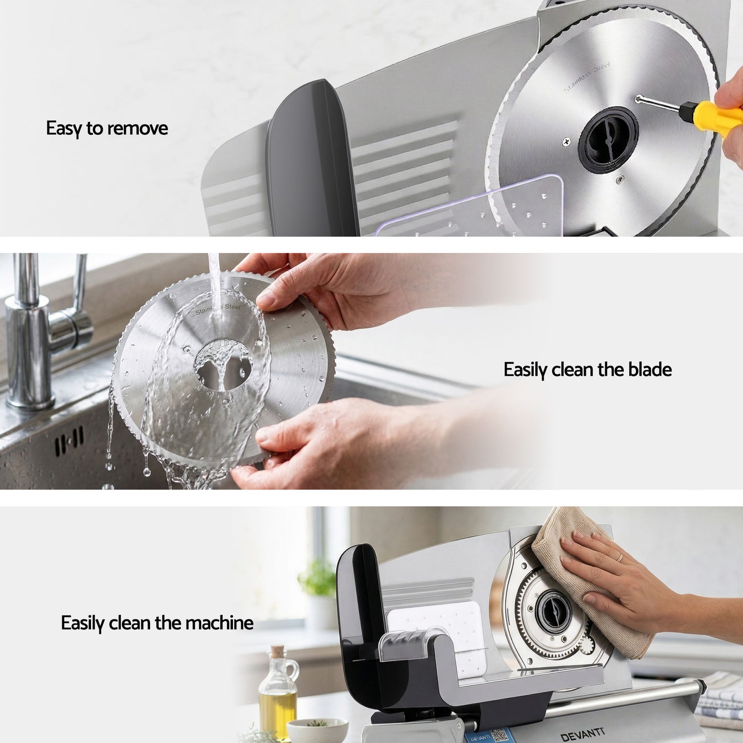 Devanti Meat Slicer Bread Vegetable, 200W Power 0-15mm Adjustable Easy Clean Stable Stainless Steel Blade FS-190-20A-SS