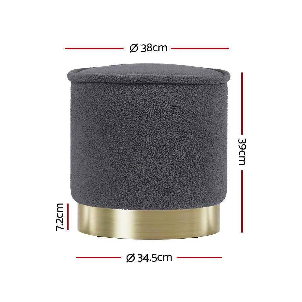 Artiss Ottoman Foot Stool Round Teddy Fabric Charcoal FS-B-1229A-TED-CH