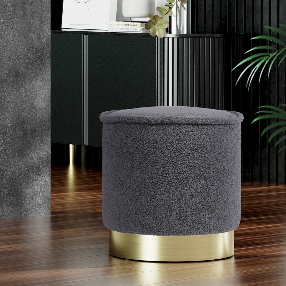 Artiss Ottoman Foot Stool Round Teddy Fabric Charcoal FS-B-1229A-TED-CH