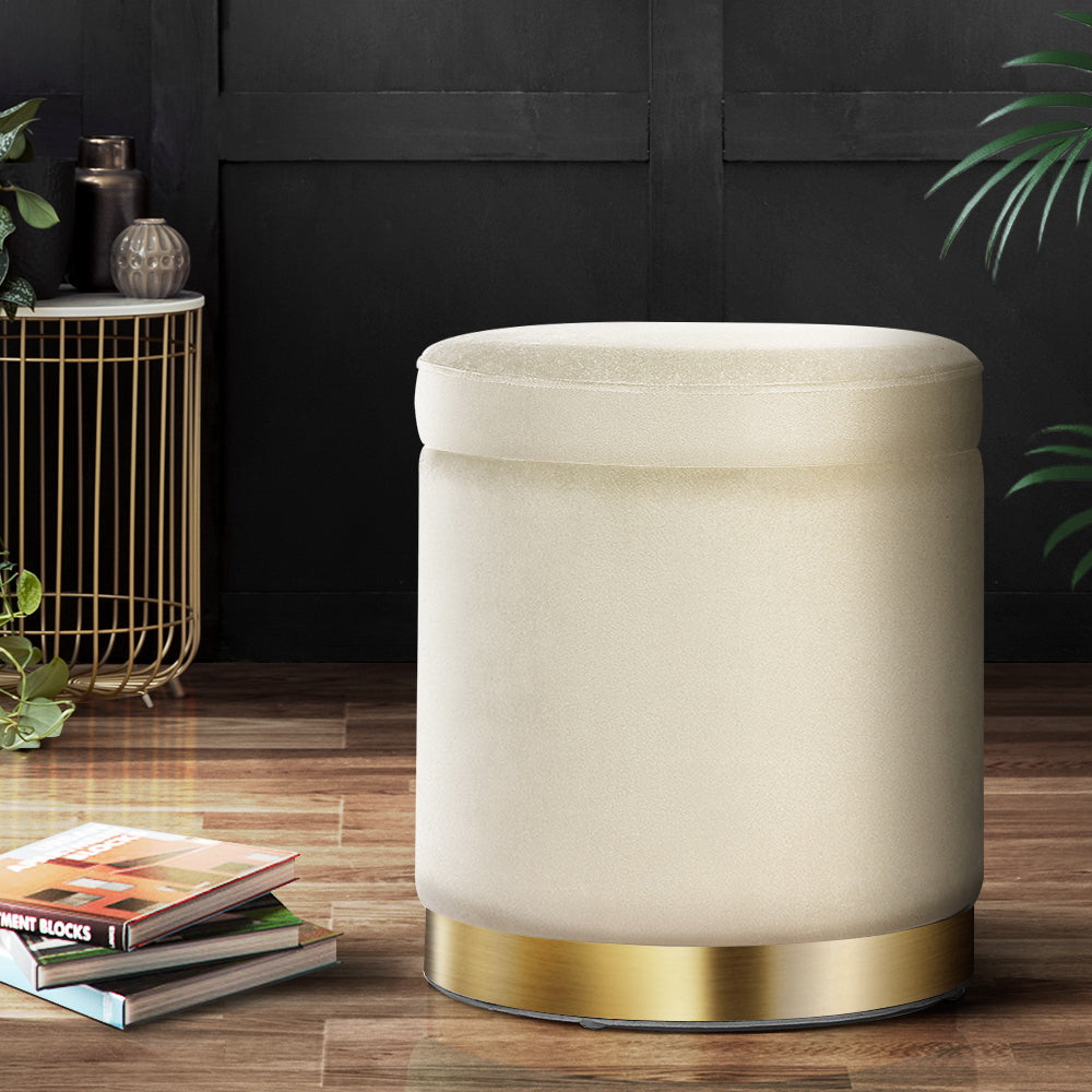 Artiss Ottoman Storage Foot Stool Round Velvet Cream FS-B-673-VEL-CR