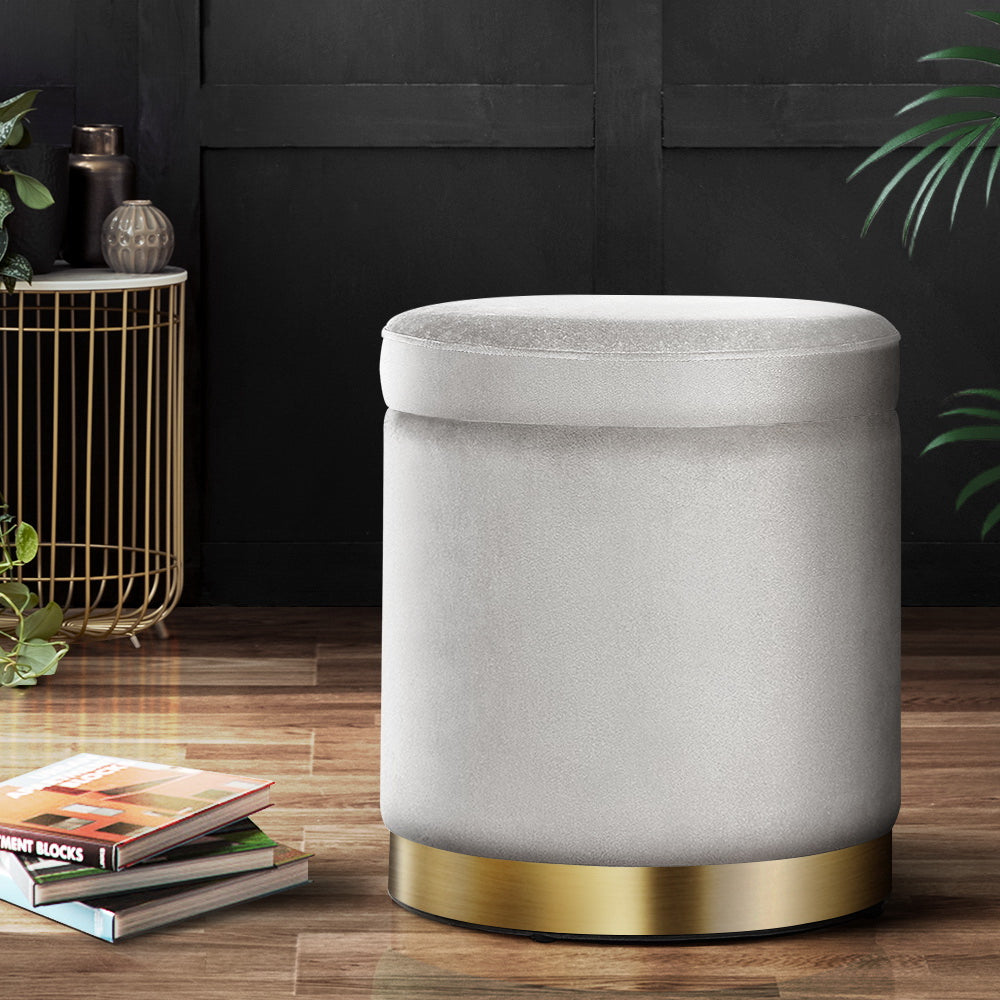 Artiss Ottoman Storage Foot Stool Round Velvet Grey FS-B-673-VEL-GY