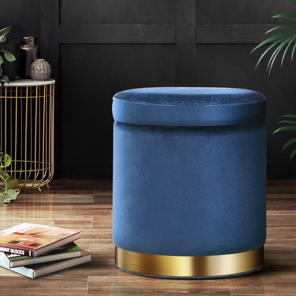 Artiss Ottoman Storage Foot Stool Round Velvet Navy FS-B-673-VEL-NA