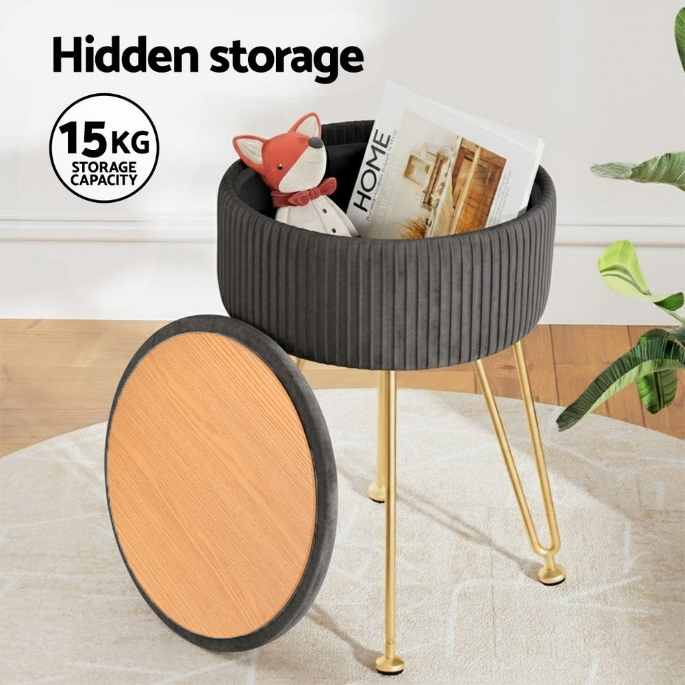 Artiss Ottoman Storage Foot Stool Vanity Velvet Round Grey FS-B-ST03-VEL-GY