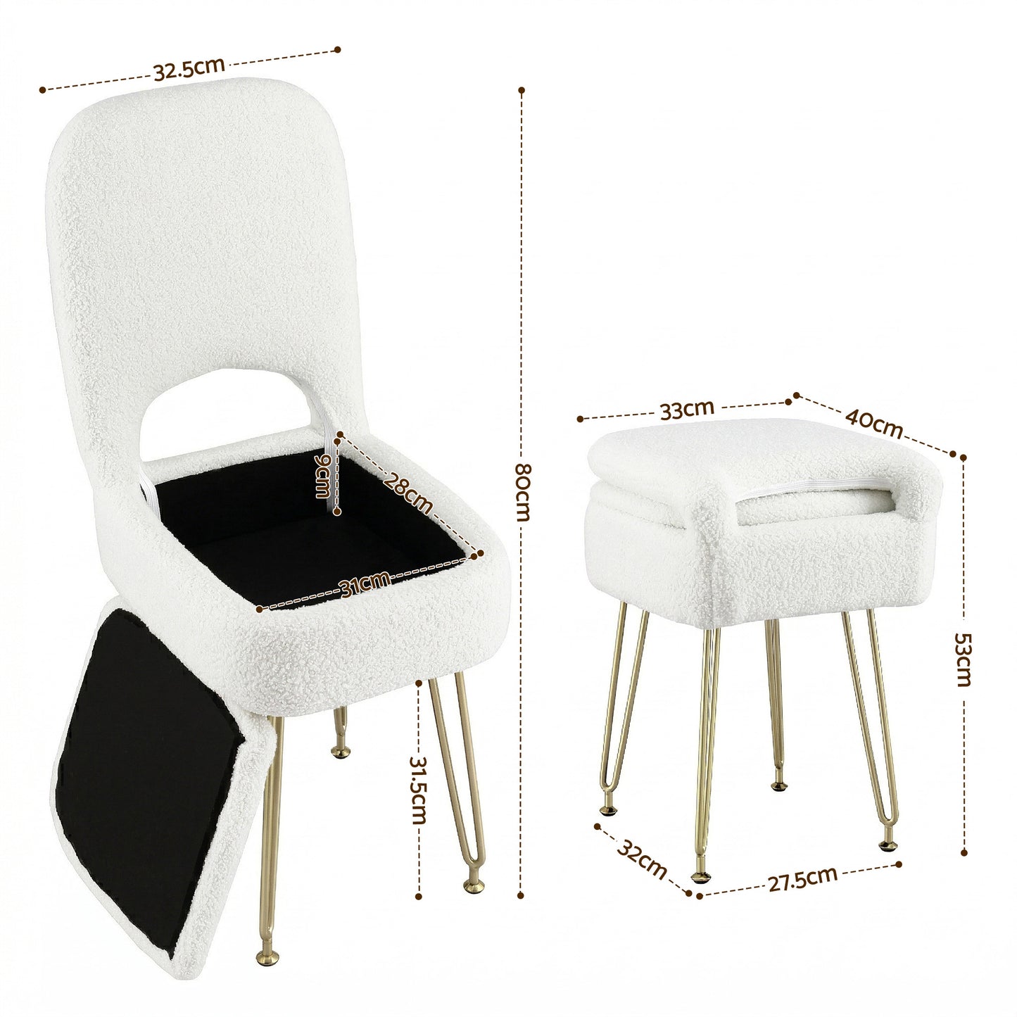 Artiss Storage Ottoman Vanity Stool Foot Stool Folding Back White FS-D-BACK02-WH