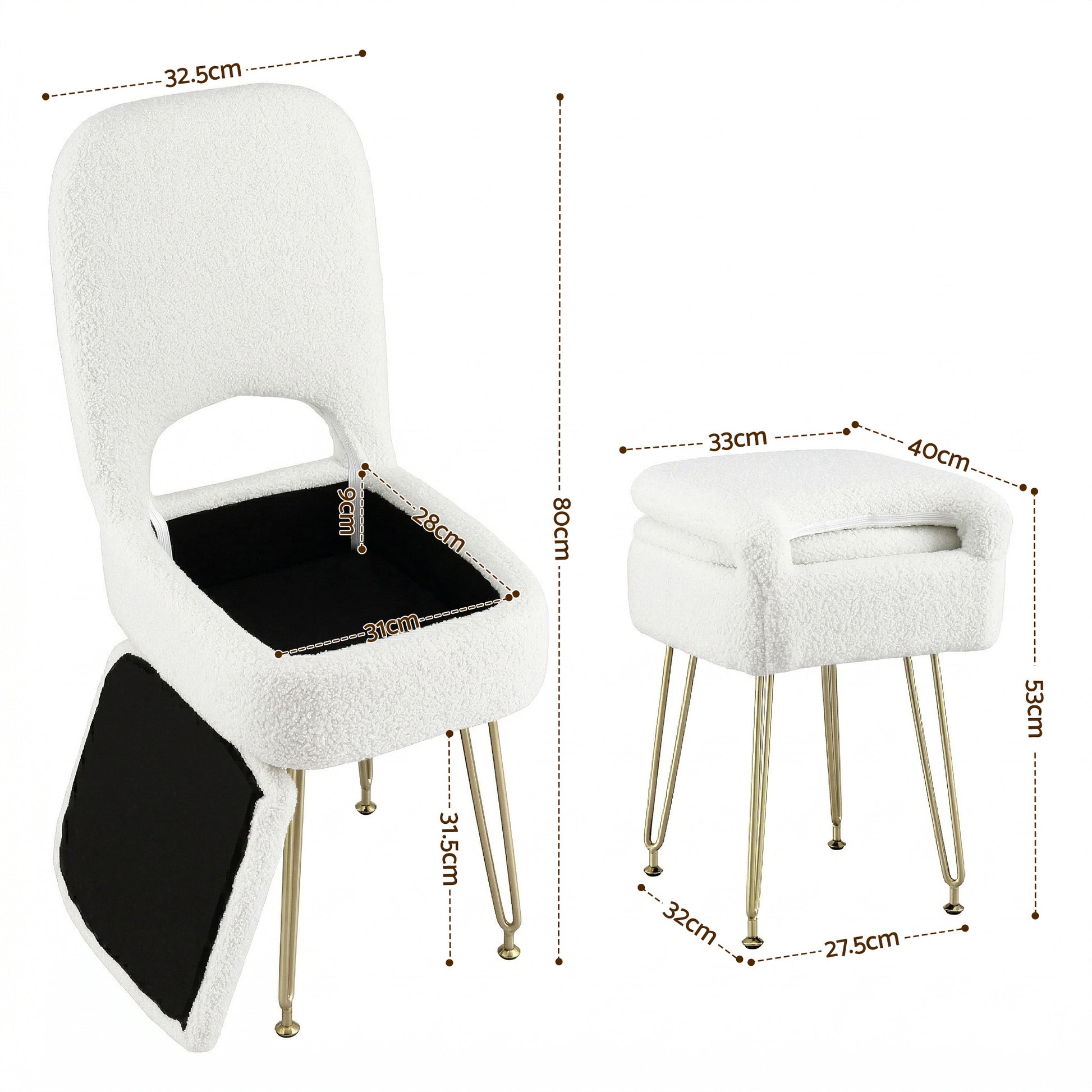 Artiss Storage Ottoman Vanity Stool Foot Stool Folding Back White FS-D-BACK02-WH