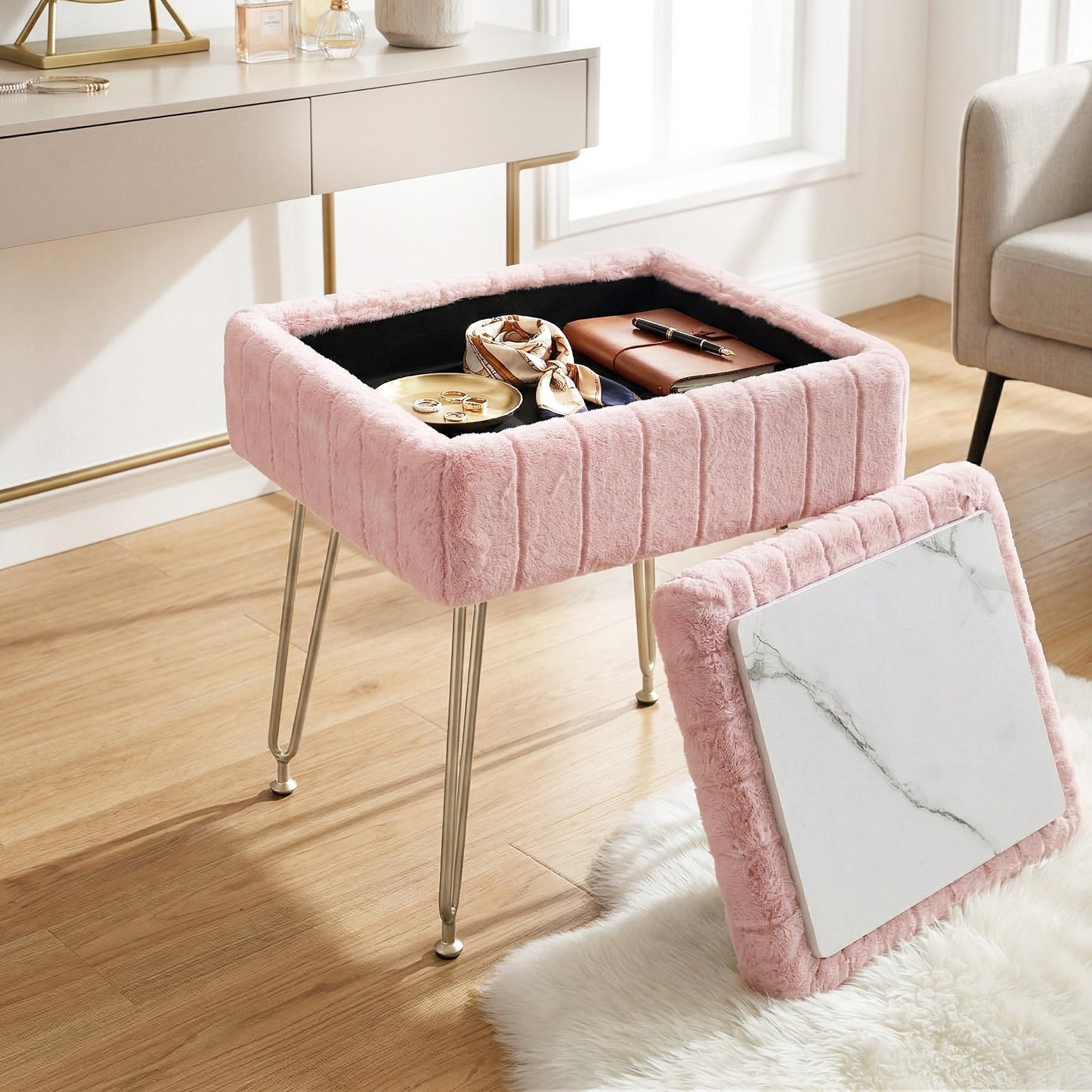 Artiss Storage Ottoman Vanity Foot Stool Pink FS-D-TED01-PK