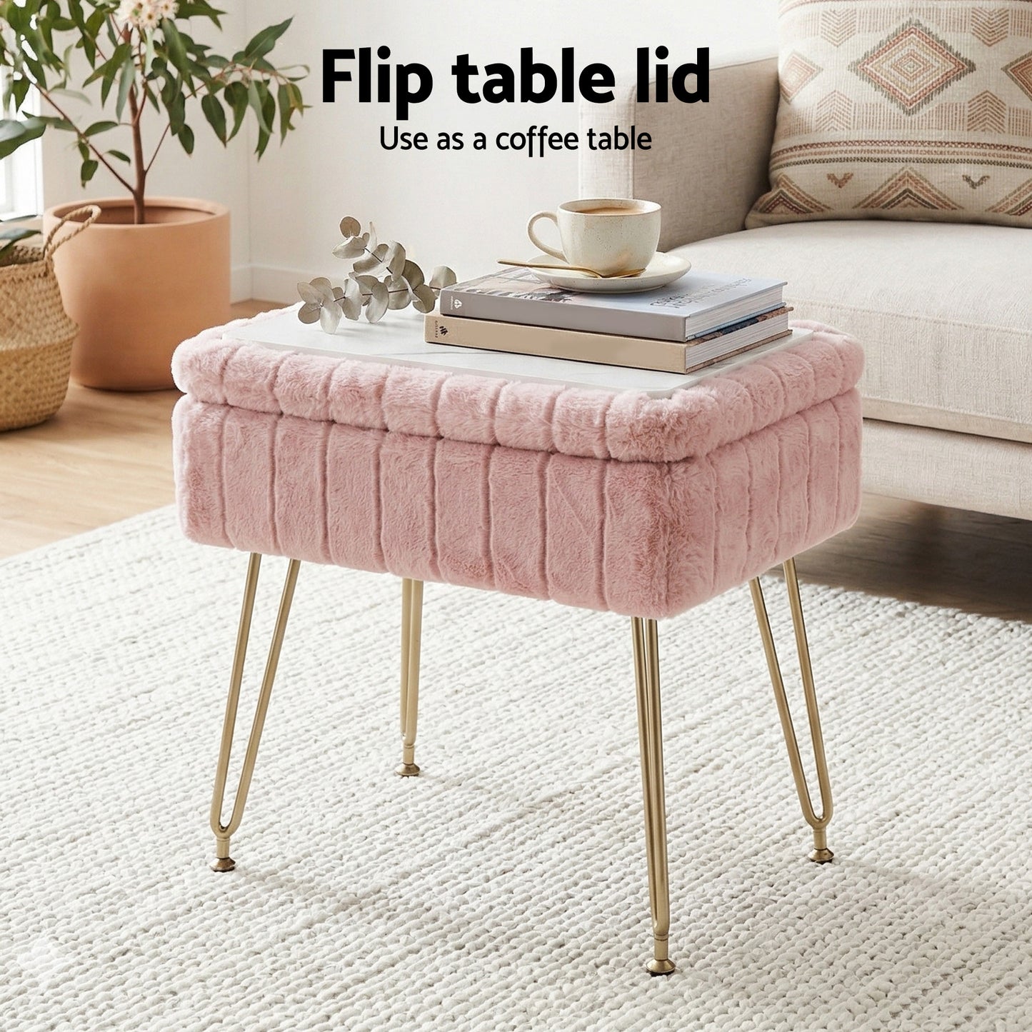 Artiss Storage Ottoman Vanity Foot Stool Pink FS-D-TED01-PK