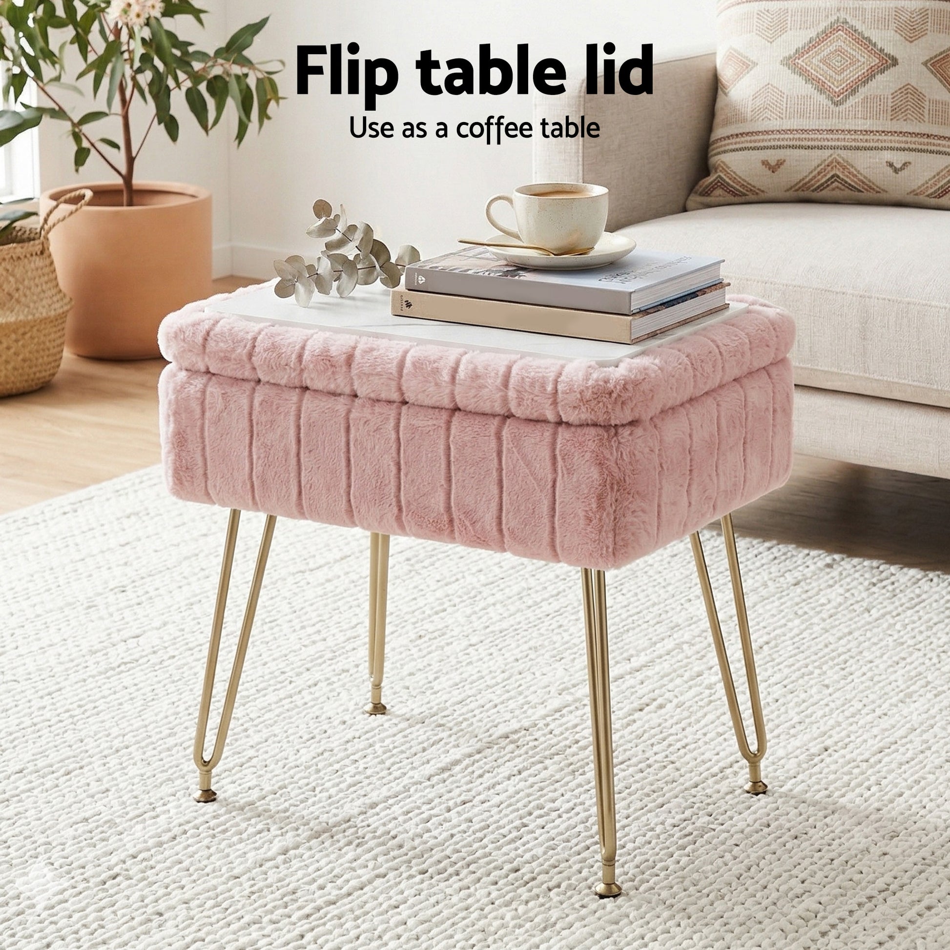 Artiss Storage Ottoman Vanity Foot Stool Pink FS-D-TED01-PK
