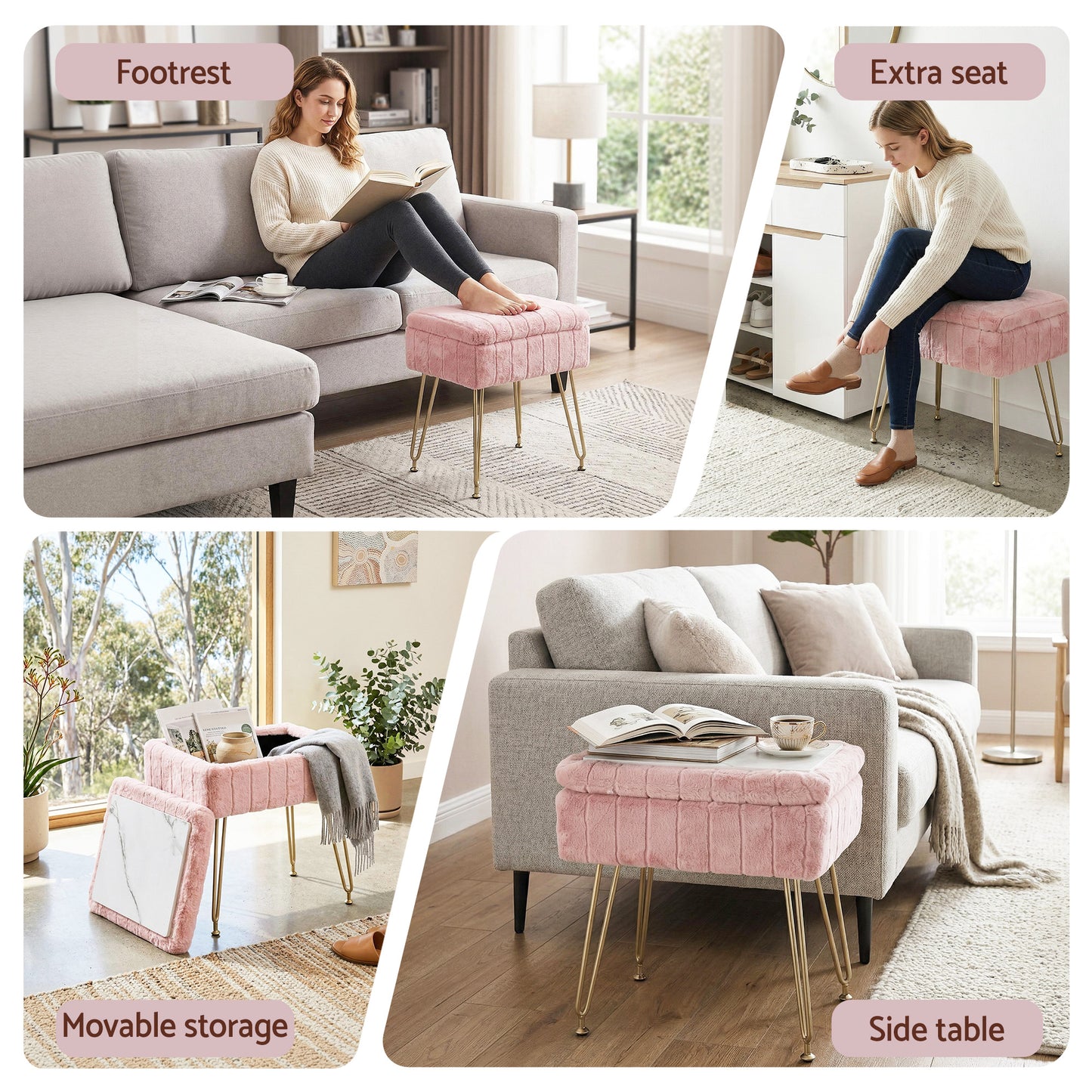 Artiss Storage Ottoman Vanity Foot Stool Pink FS-D-TED01-PK
