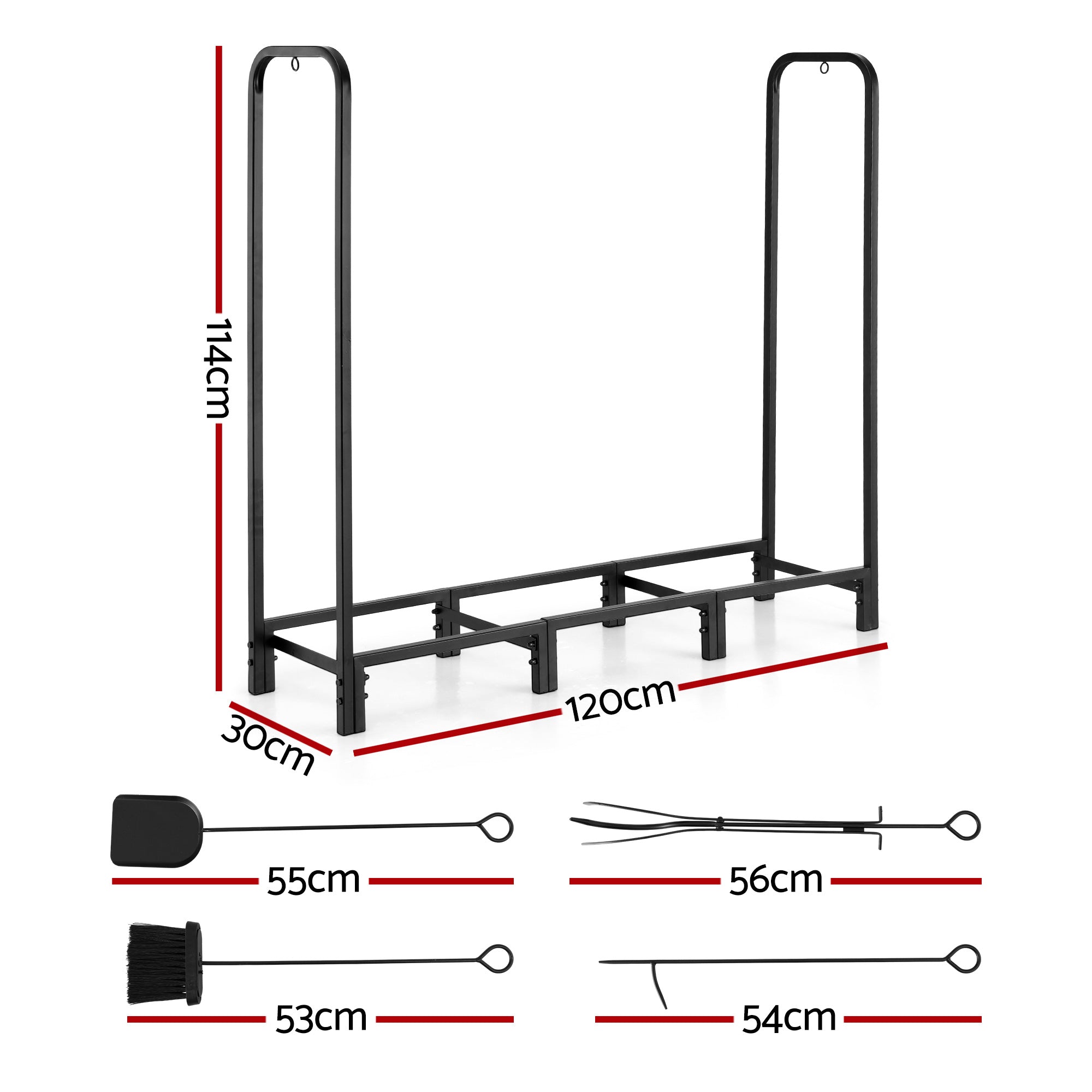 Gardeon Firewood Rack 120cm Wood Rack 3 Sizes Firewood Storage with Tools Black FSR-A-H120