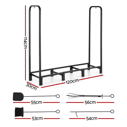 Gardeon Firewood Rack 120cm Wood Rack 3 Sizes Firewood Storage with Tools Black FSR-A-H120