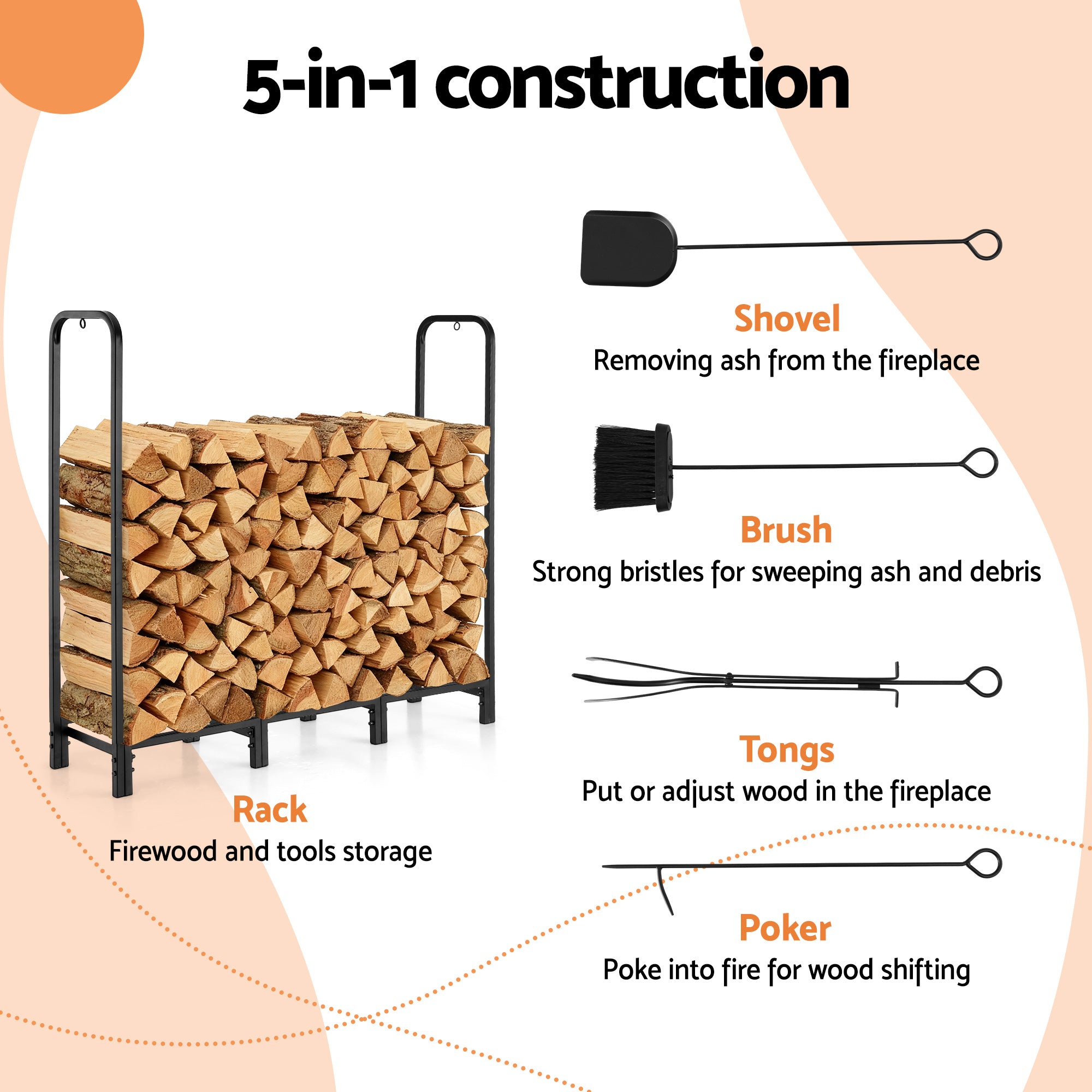 Gardeon Firewood Rack 120cm Wood Rack 3 Sizes Firewood Storage with Tools Black FSR-A-H120