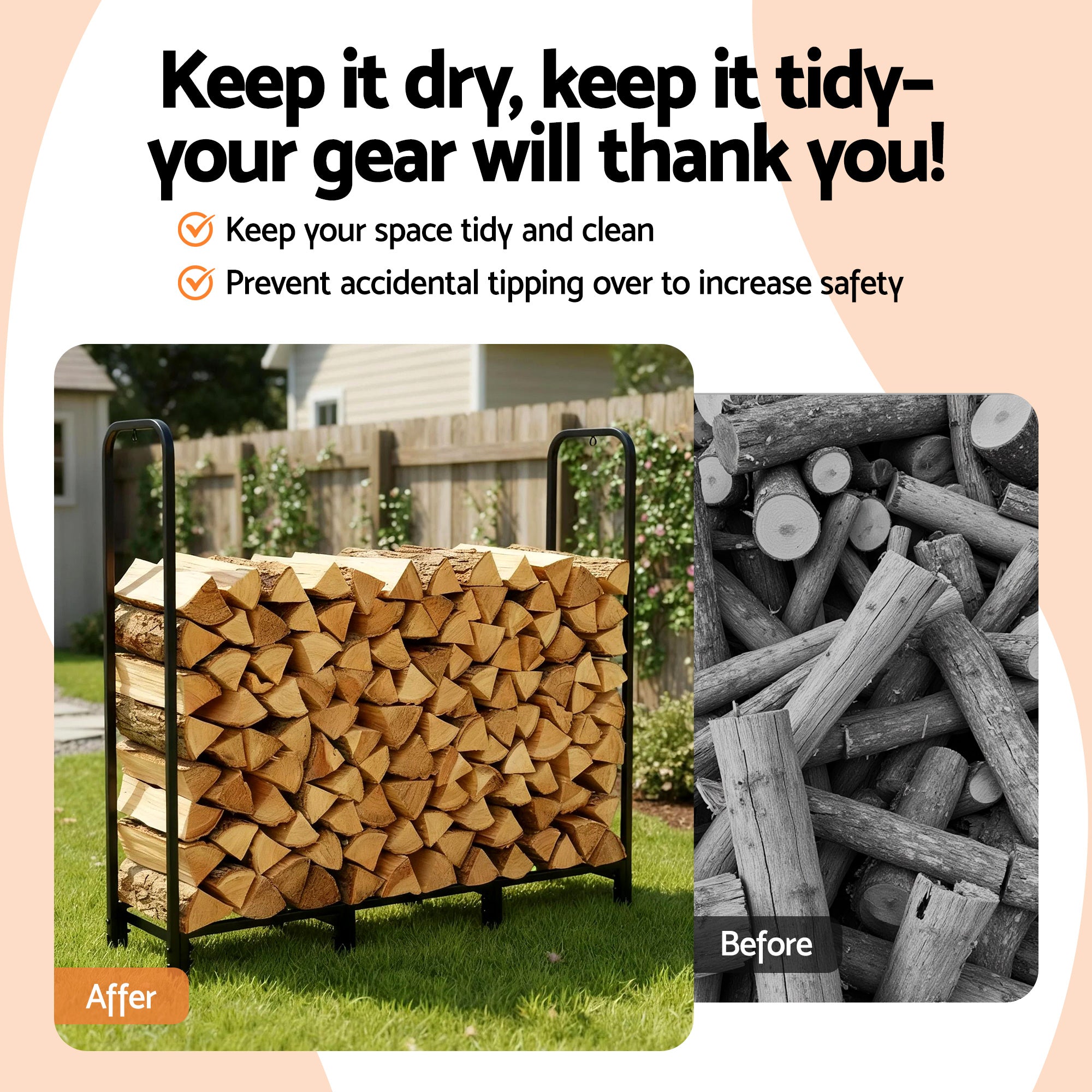 Gardeon Firewood Rack 120cm Wood Rack 3 Sizes Firewood Storage with Tools Black FSR-A-H120