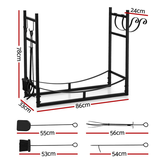 Gardeon Firewood Rack 84cm Wood Rack Firewood Storage Indoor Outdoor Black FSR-A-H84