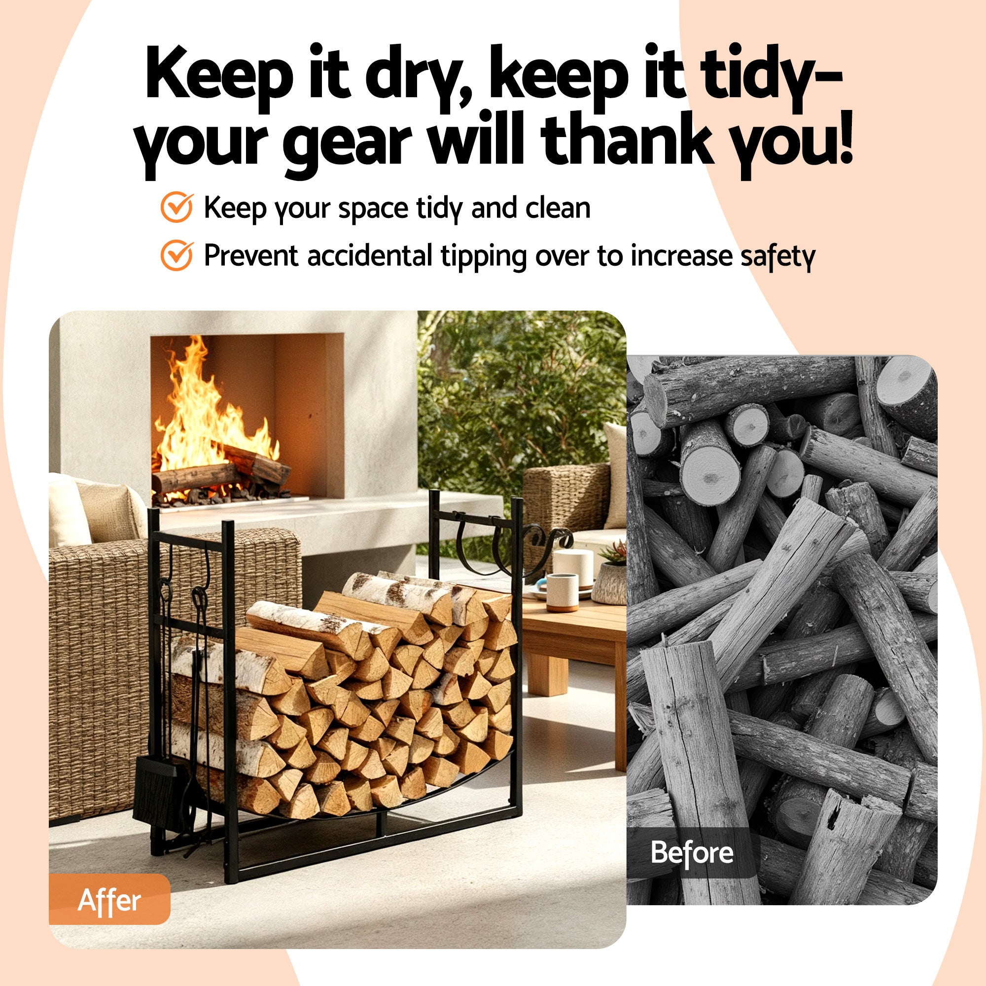 Gardeon Firewood Rack 84cm Wood Rack Firewood Storage Indoor Outdoor Black FSR-A-H84