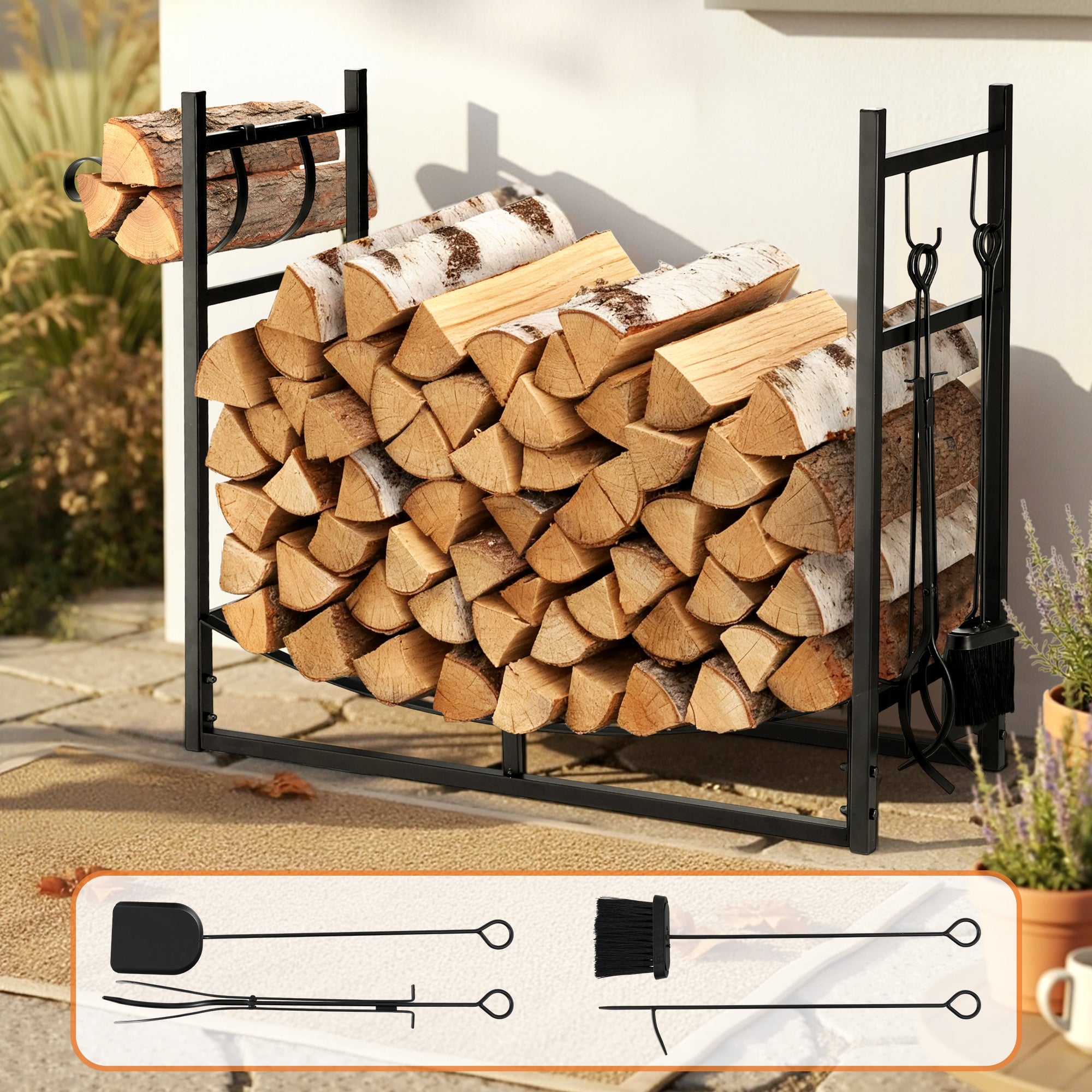 Gardeon Firewood Rack 84cm Wood Rack Firewood Storage Indoor Outdoor Black FSR-A-H84