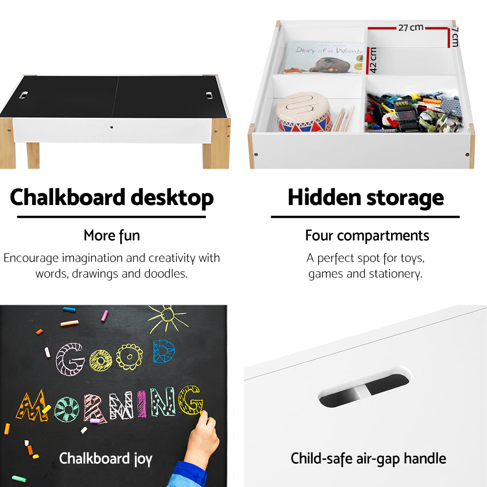 Keezi 3PCS Kids Table and Chairs Set Storage Toys Play Activity Desk Chalkboard FUNKI-HAY-WH-NT