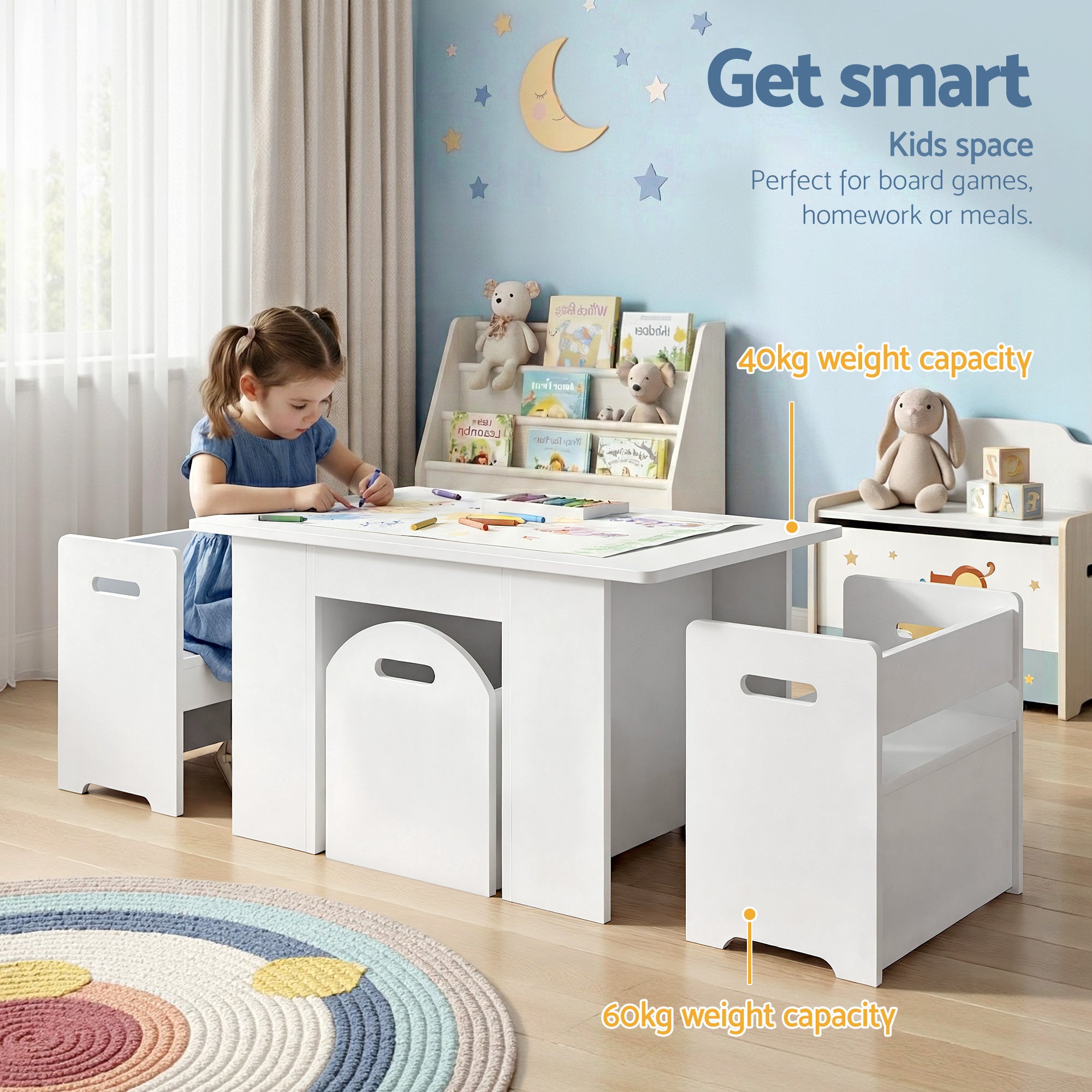 Keezi 3PCS Kids Table and Chairs Set Storage Toys Play Activity Desk FUNKI-S-RUDY-WH