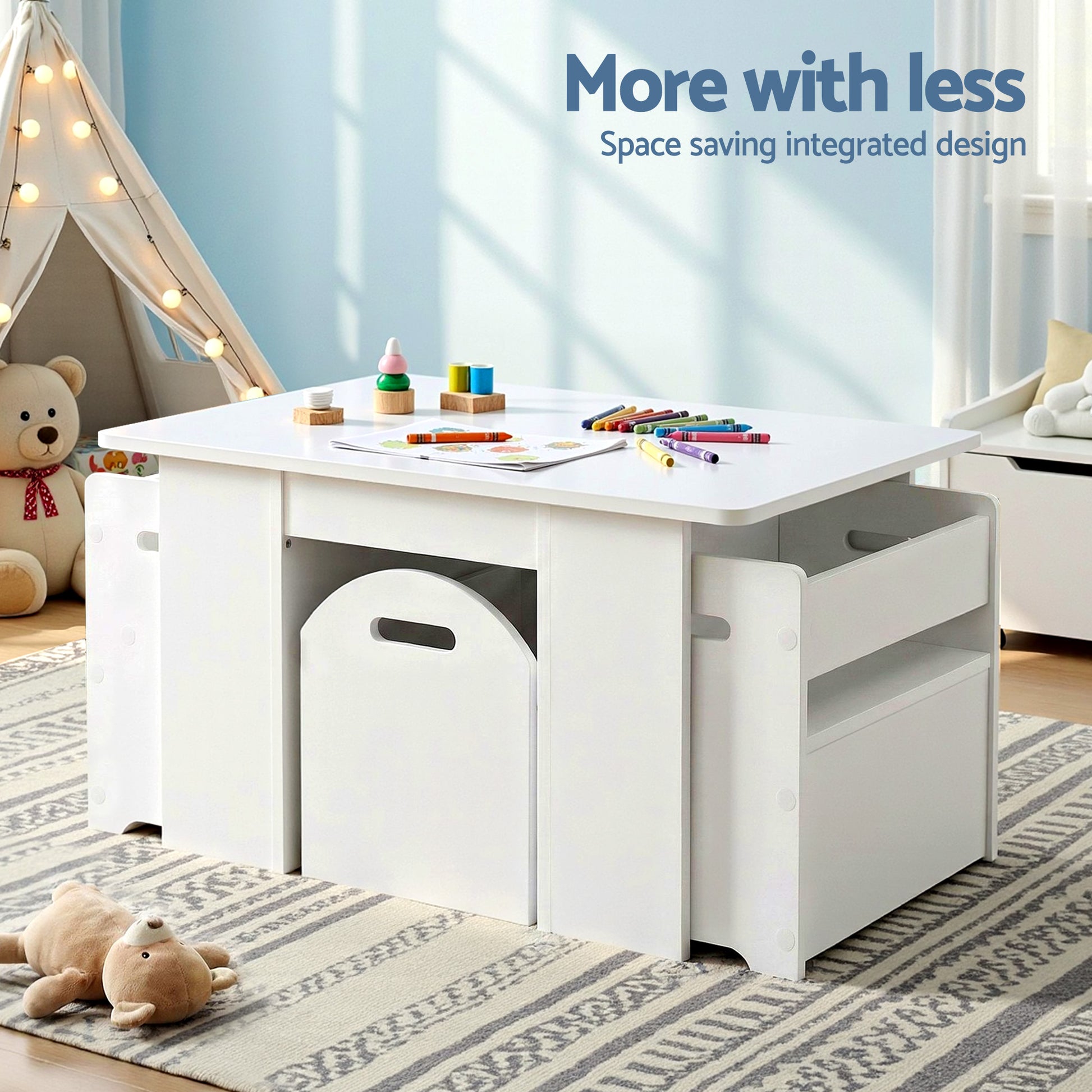 Keezi 3PCS Kids Table and Chairs Set Storage Toys Play Activity Desk FUNKI-S-RUDY-WH