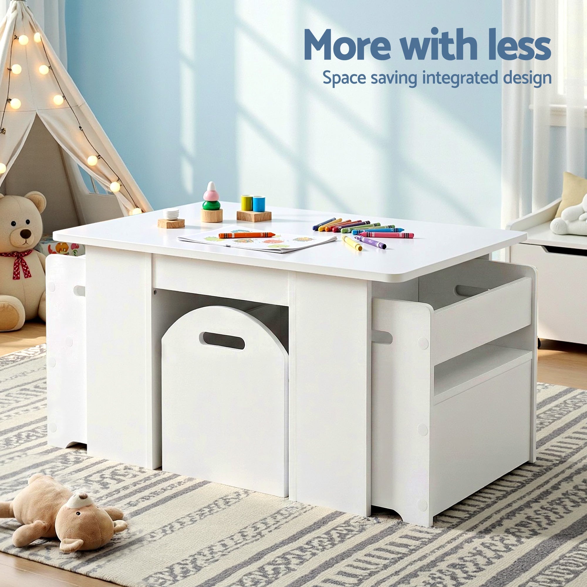 Keezi 3PCS Kids Table and Chairs Set Storage Toys Play Activity Desk FUNKI-S-RUDY-WH