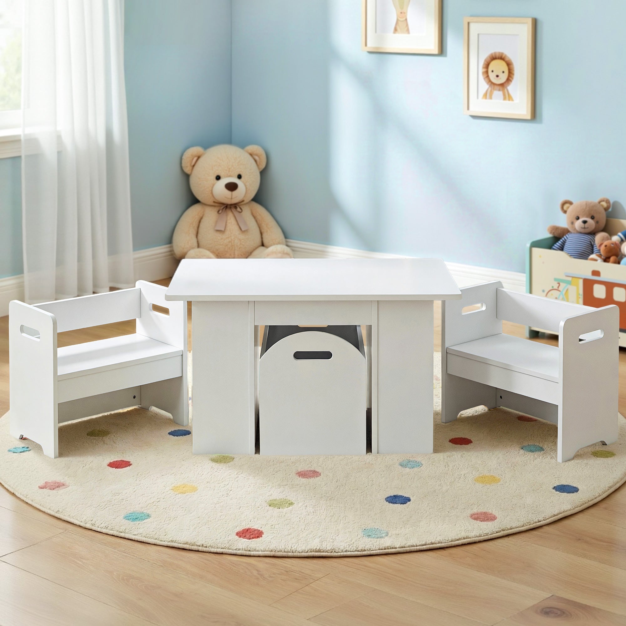 Keezi 3PCS Kids Table and Chairs Set Storage Toys Play Activity Desk FUNKI-S-RUDY-WH