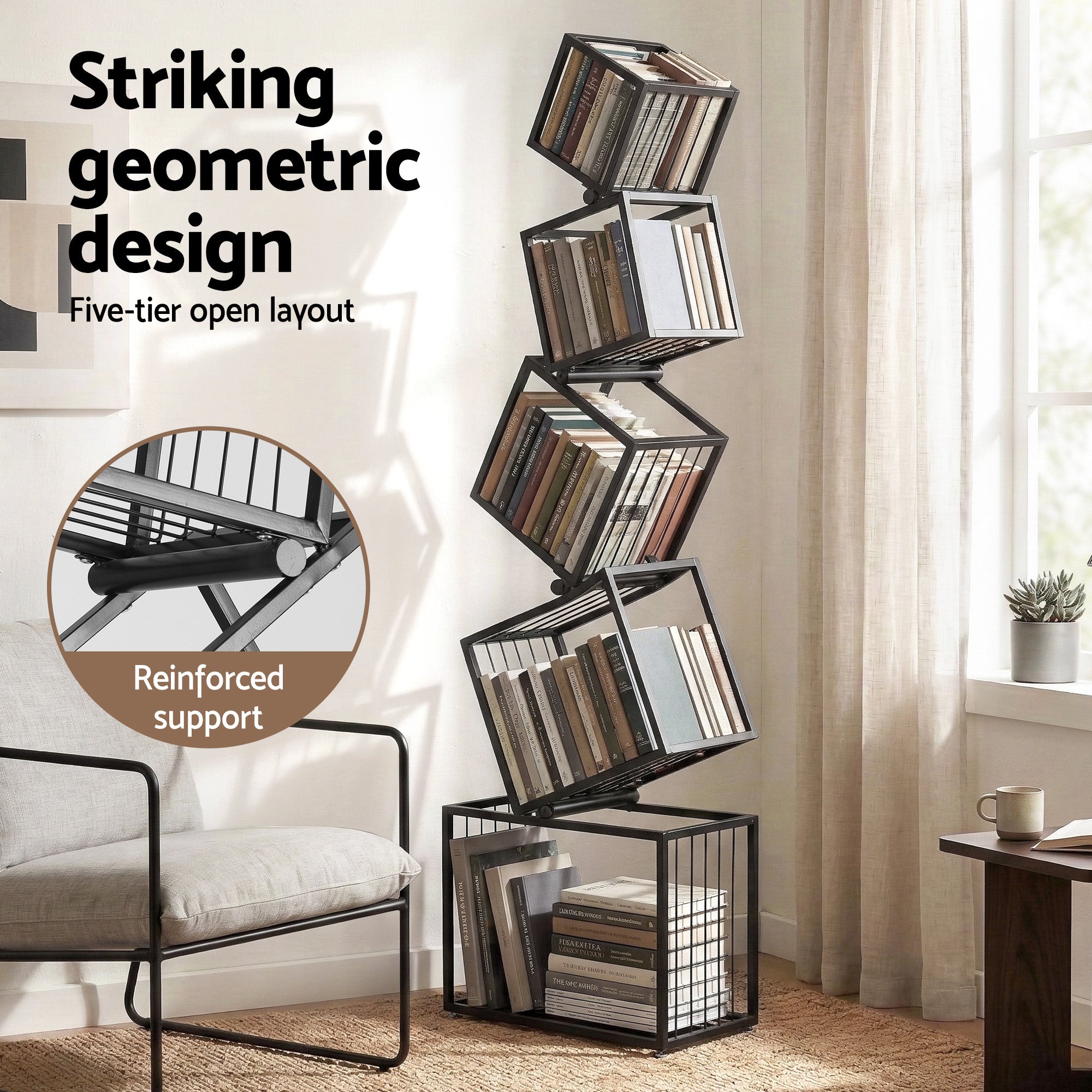 Artiss 5-Tier Bookshelf Metal Geometric Display Shelf Storage Organizer Black FUR-AA-DSHELF-5T-BK