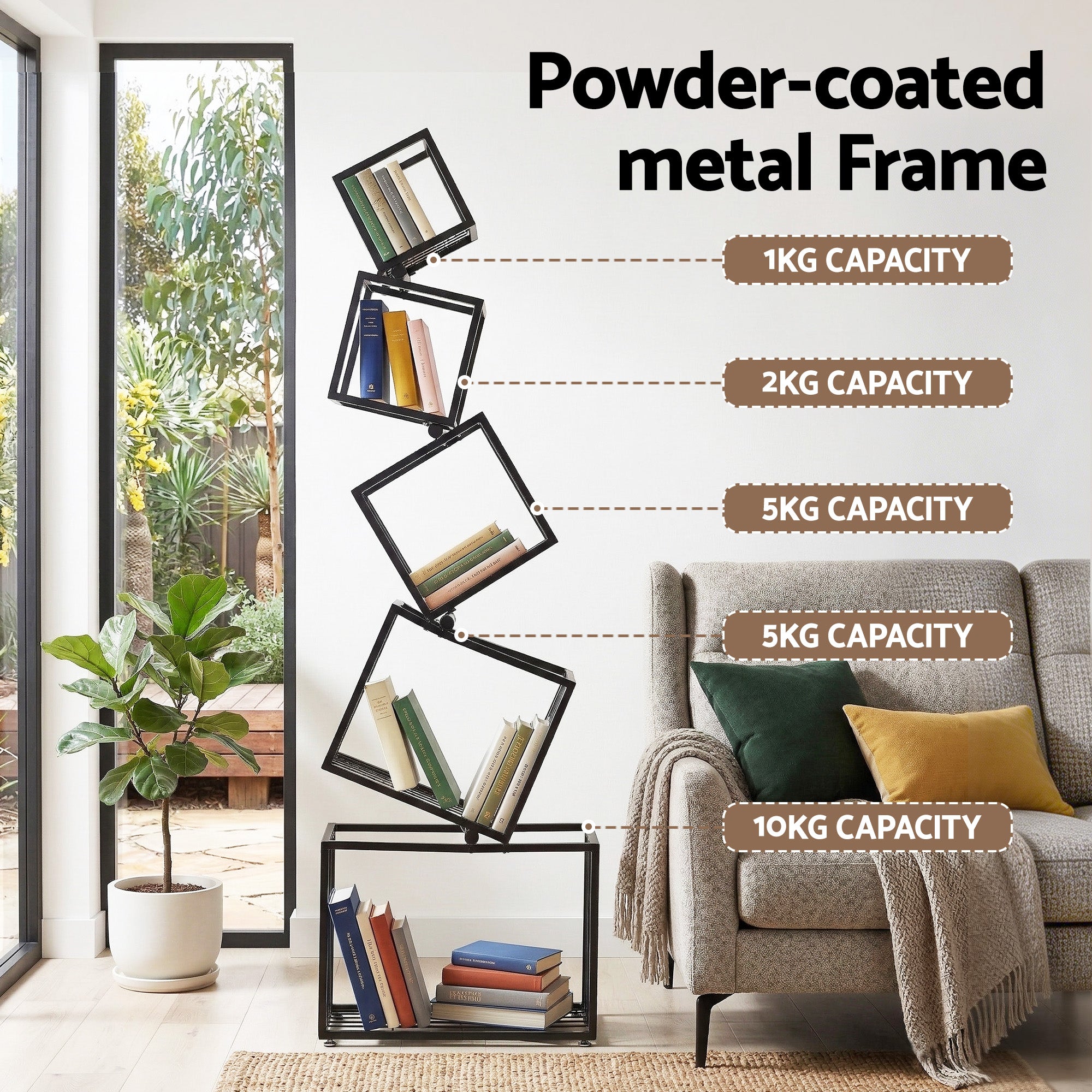 Artiss 5-Tier Bookshelf Metal Geometric Display Shelf Storage Organizer Black FUR-AA-DSHELF-5T-BK