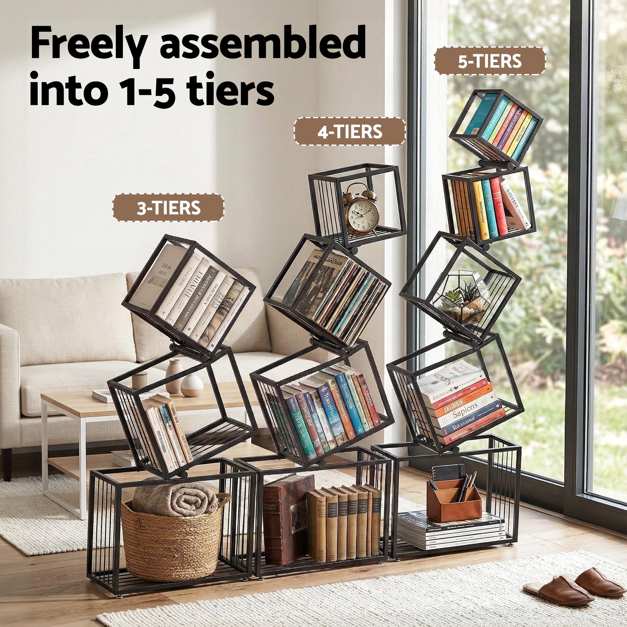Artiss 5-Tier Bookshelf Metal Geometric Display Shelf Storage Organizer Black FUR-AA-DSHELF-5T-BK