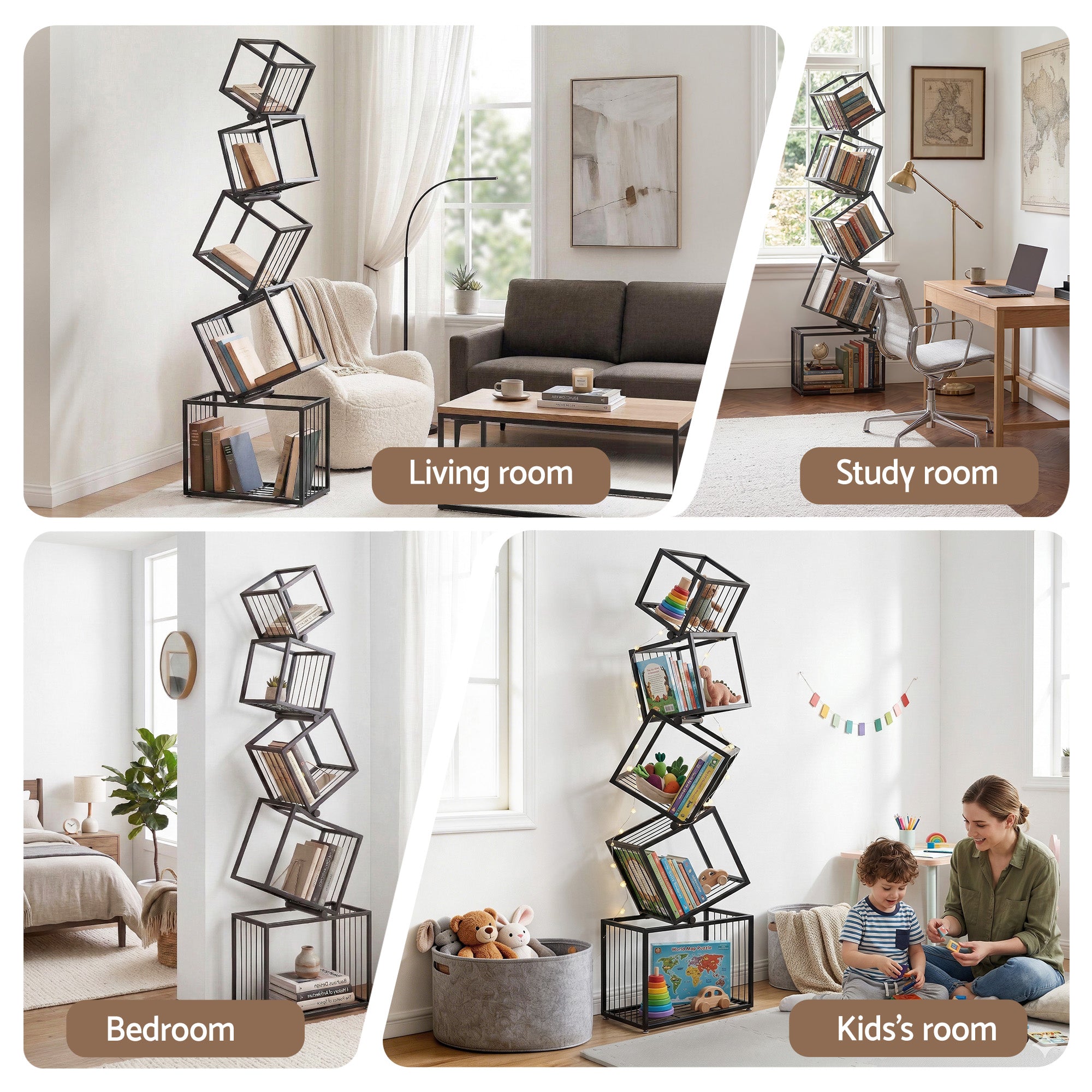 Artiss 5-Tier Bookshelf Metal Geometric Display Shelf Storage Organizer Black FUR-AA-DSHELF-5T-BK