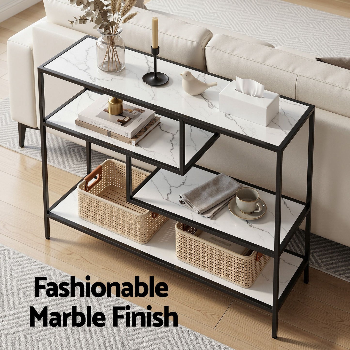 Artiss Console Table Entryway Hallway Marble Effect 4-Tier Storage Shelves White FUR-AC-CST-01-MBWH