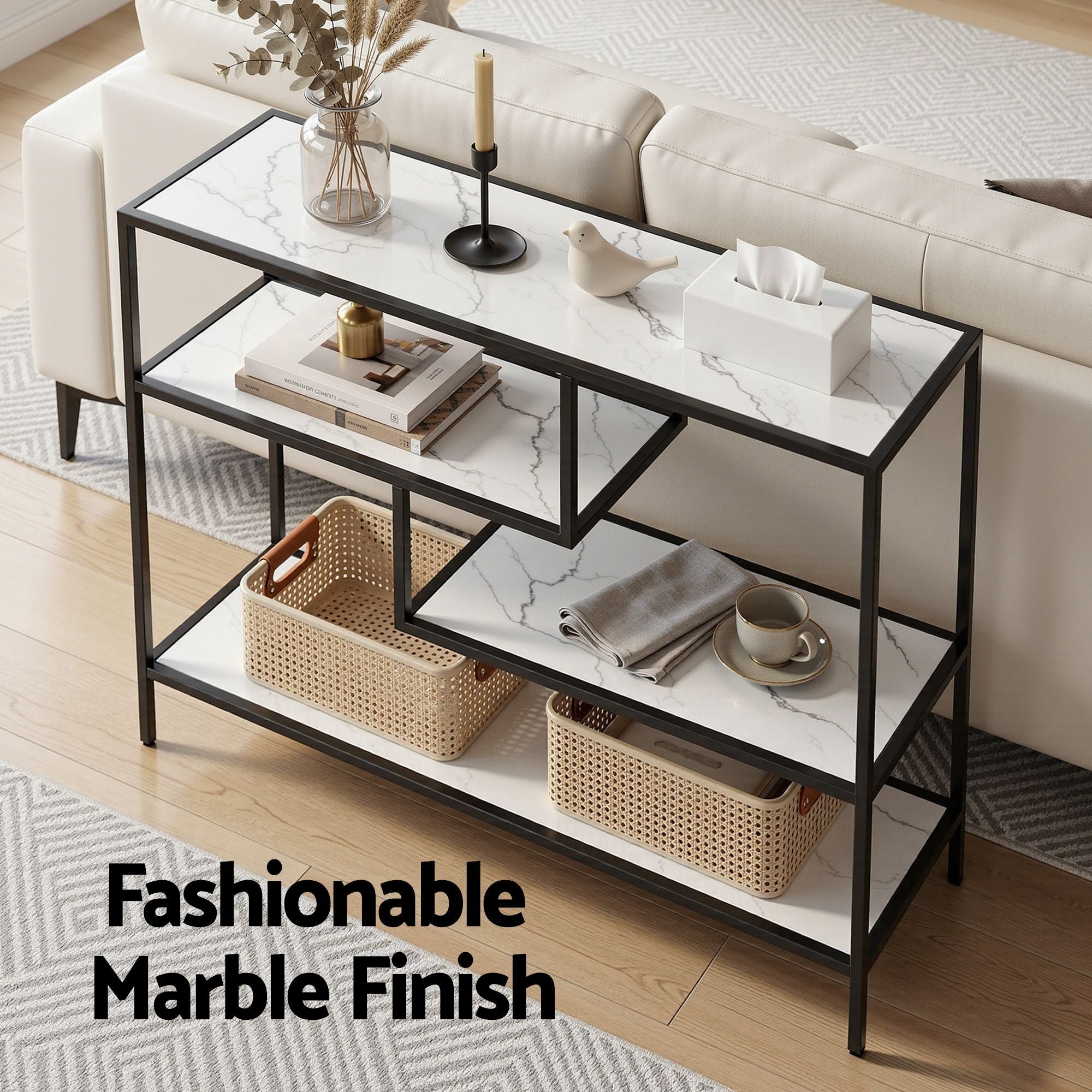 Artiss Console Table Entryway Hallway Marble Effect 4-Tier Storage Shelves White FUR-AC-CST-01-MBWH