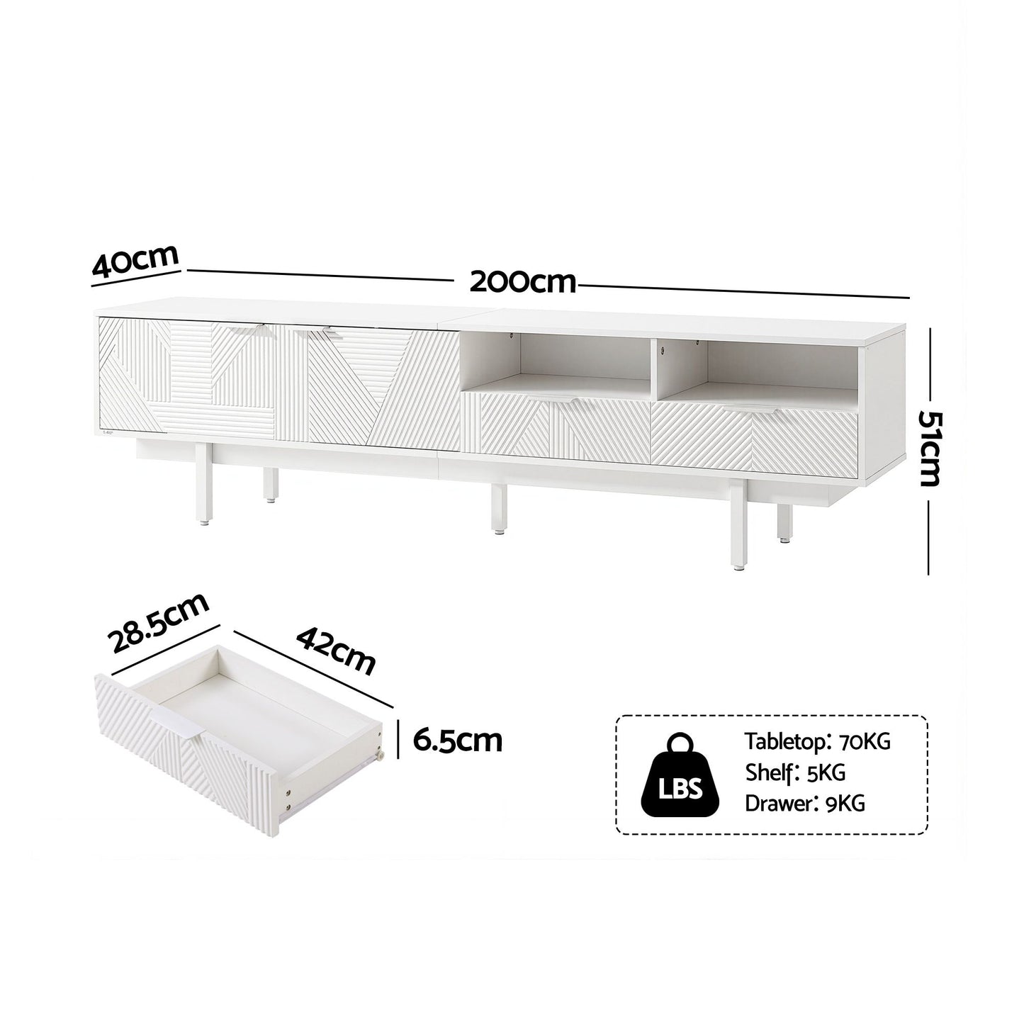 Artiss TV Unit Entertainment Unit Storage Cabinet Drawer 200cm White FUR-AG-TV01-WH-AB