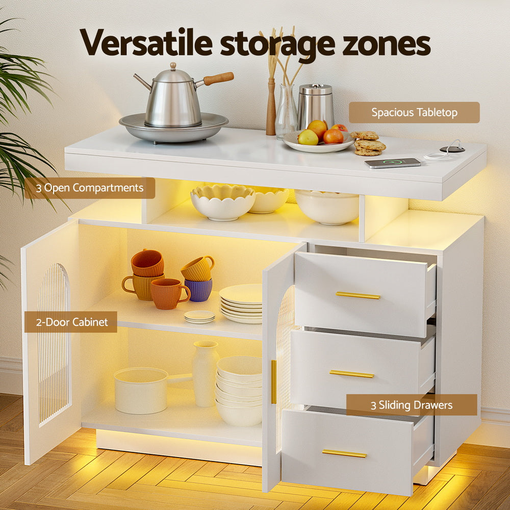 Artiss Buffet Sideboard Cabinet LED Clear Door Kitchen Storage Drawers White FUR-C-SID-LED-WH-AB