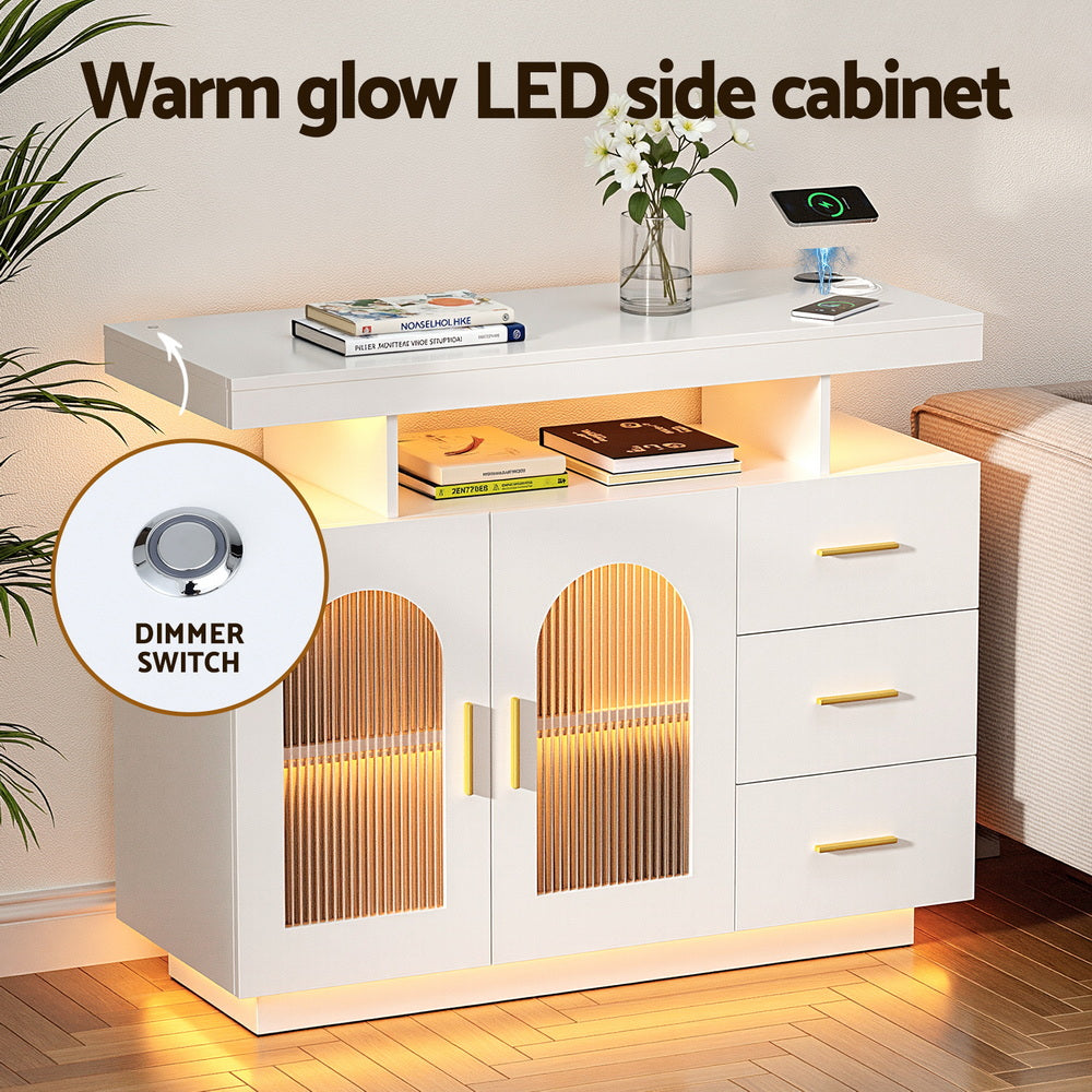 Artiss Buffet Sideboard Cabinet LED Clear Door Kitchen Storage Drawers White FUR-C-SID-LED-WH-AB