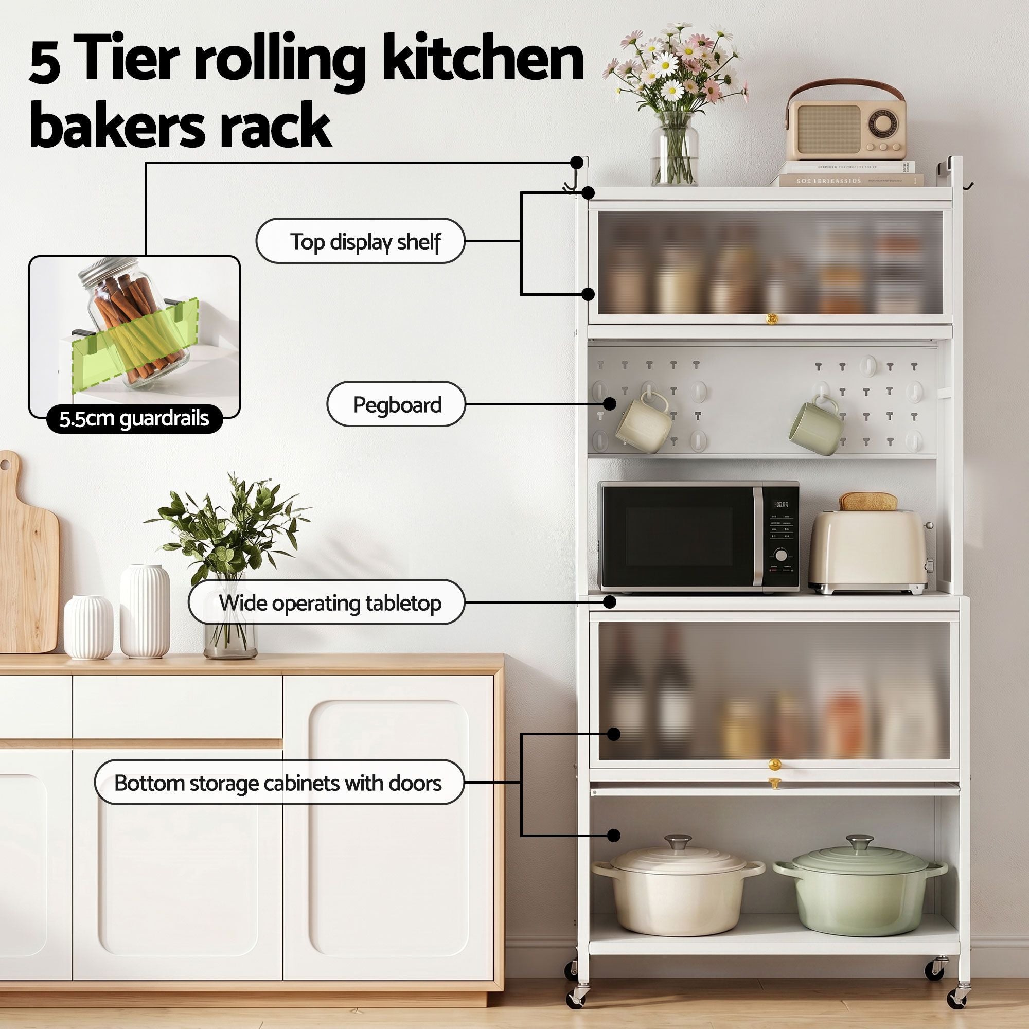 Artiss Kitchen Cabinet Storage Shelves Pegboard Cupboard Sideboard 80CMX164CM FUR-CAB-MEL-80X164-WH