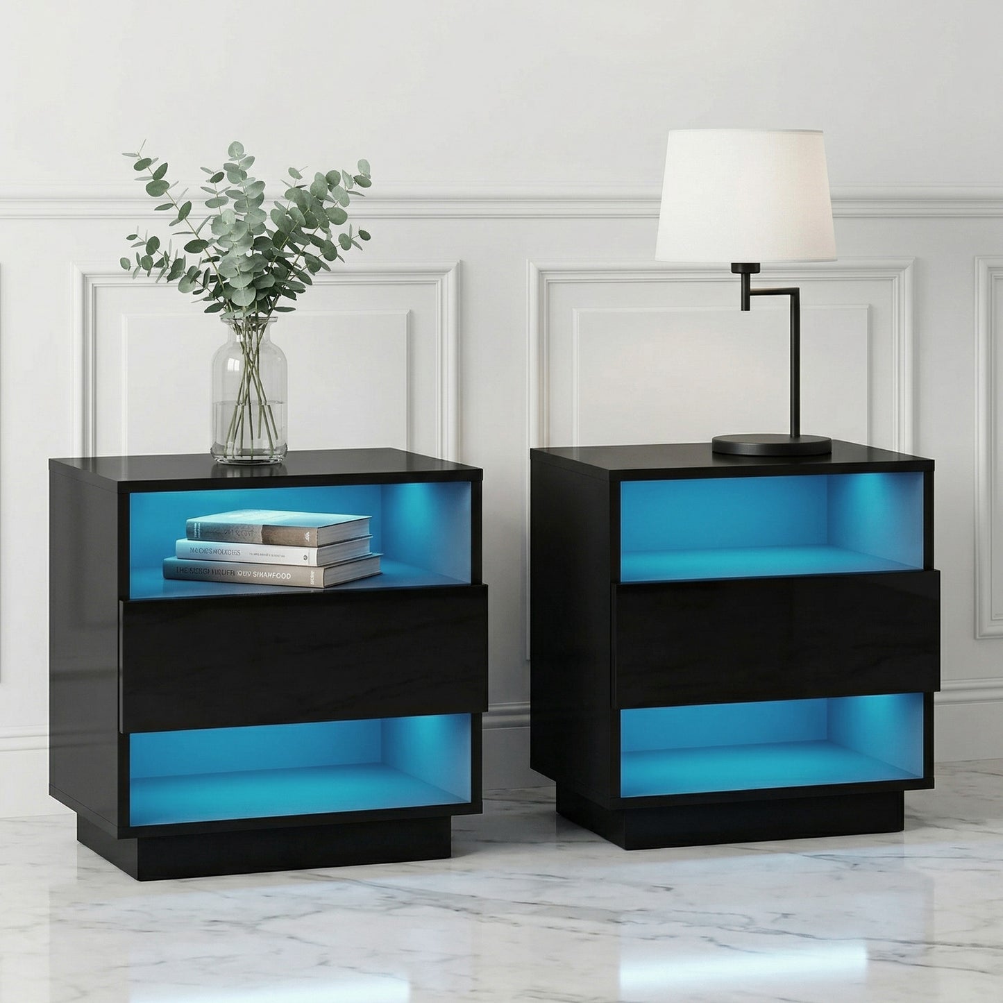 Artiss 2x Bedside Table LED with 2 Shelves - HANA Black FUR-R-BS-LED-01-BKX2