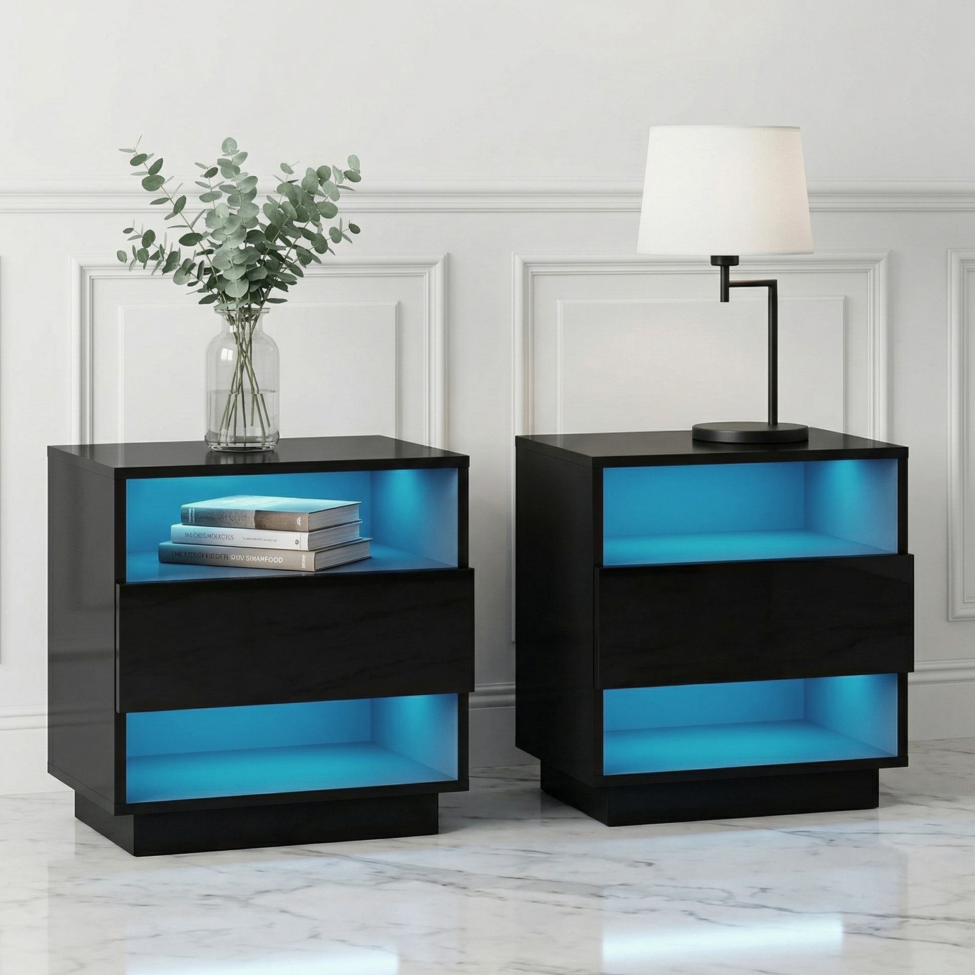 Artiss 2x Bedside Table LED with 2 Shelves - HANA Black FUR-R-BS-LED-01-BKX2